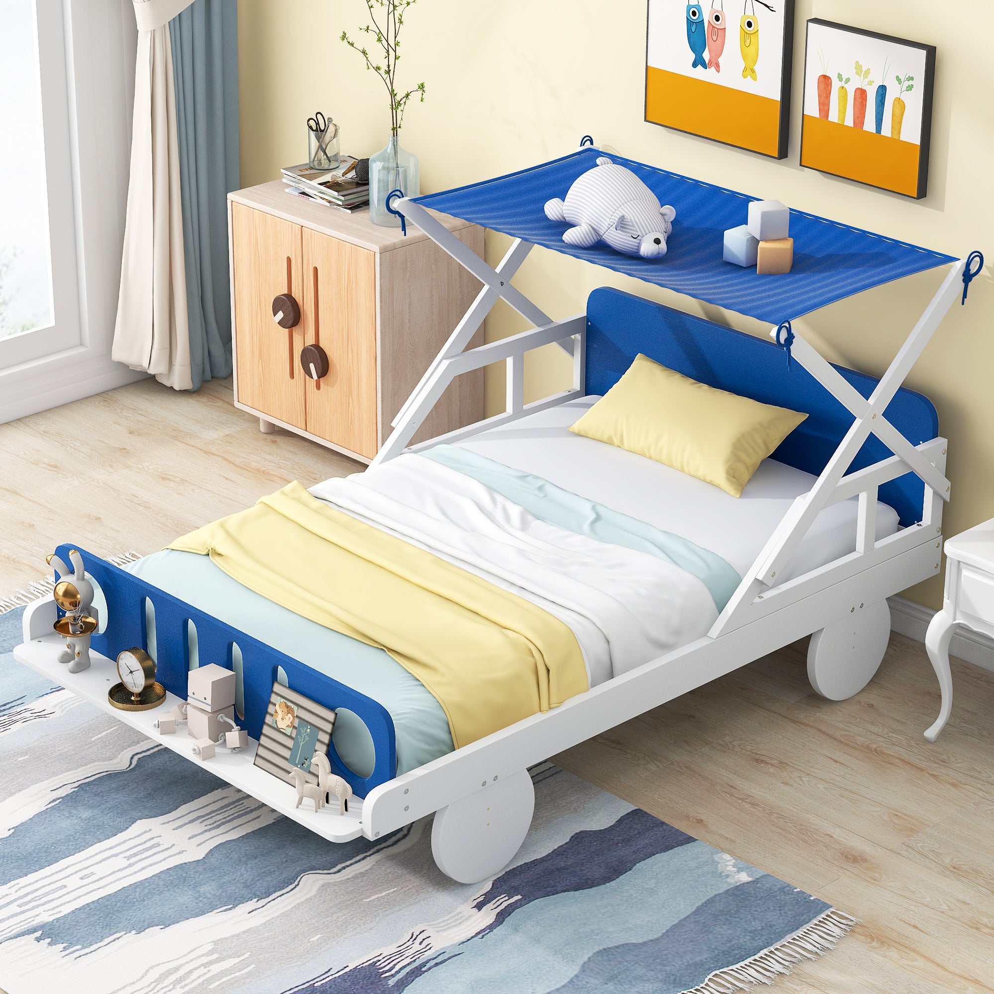 Wood Twin Size Car Bed With Ceiling Cloth, Headboard And Footboard, White Blue Box Spring Not Required Twin White Blue Bedroom Bed Frame Solid Wood Mdf