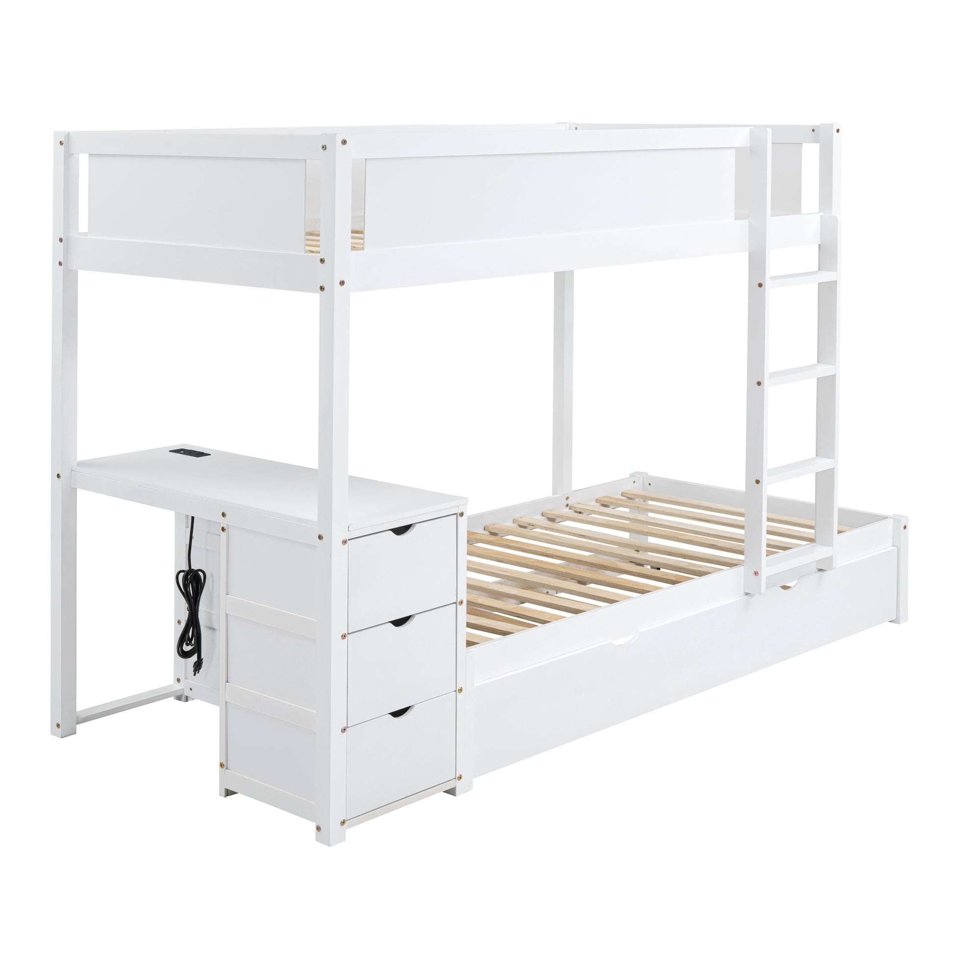 Twin Over Twin Bunk Bed With Twin Size Trundle, Storage And Desk, White White Solid Wood