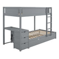 Twin Over Twin Bunk Bed With Twin Size Trundle, Storage And Desk, Gray Gray Solid Wood