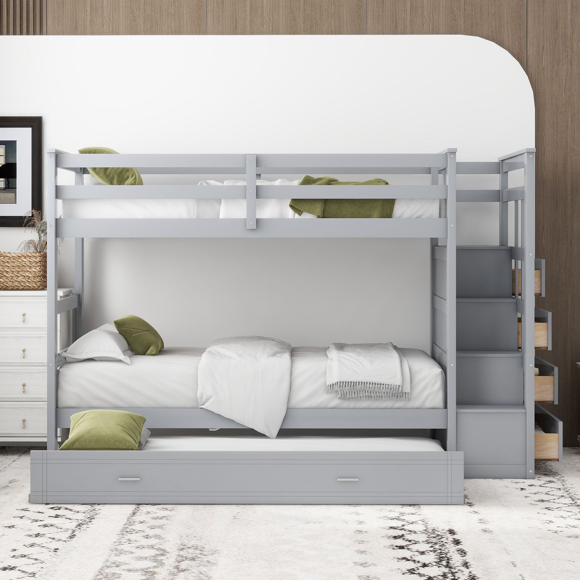 Twin Over Twin Bunk Bed With Trundle And Staircase,Gray Old Sku:Lt000068Aae Gray Solid Wood