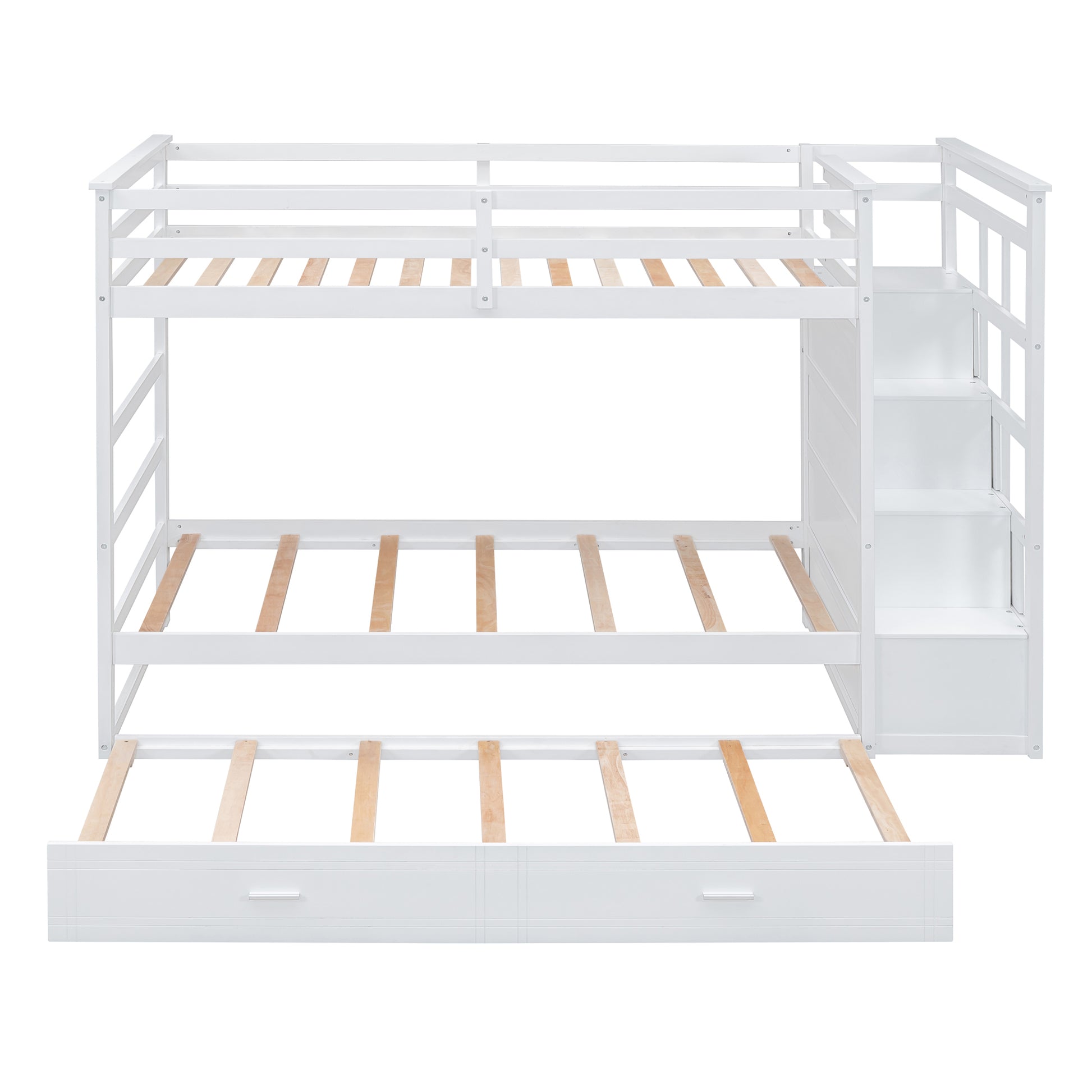 Twin Over Twin Bunk Bed With Trundle And Staircase,White Old Sku:Lt000068Aak White Solid Wood