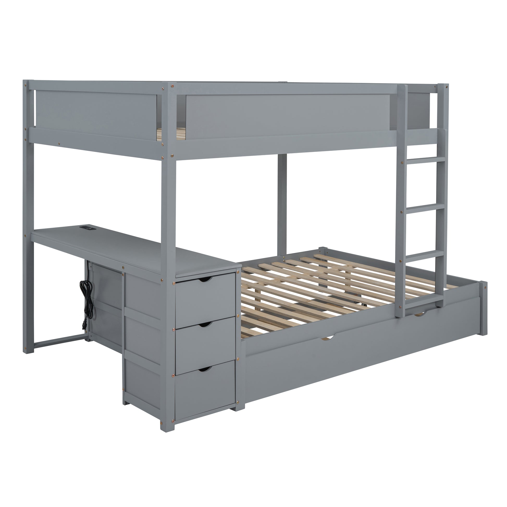 Full Over Full Bunk Bed With Twin Size Trundle, Storage And Desk, Gray Gray Solid Wood