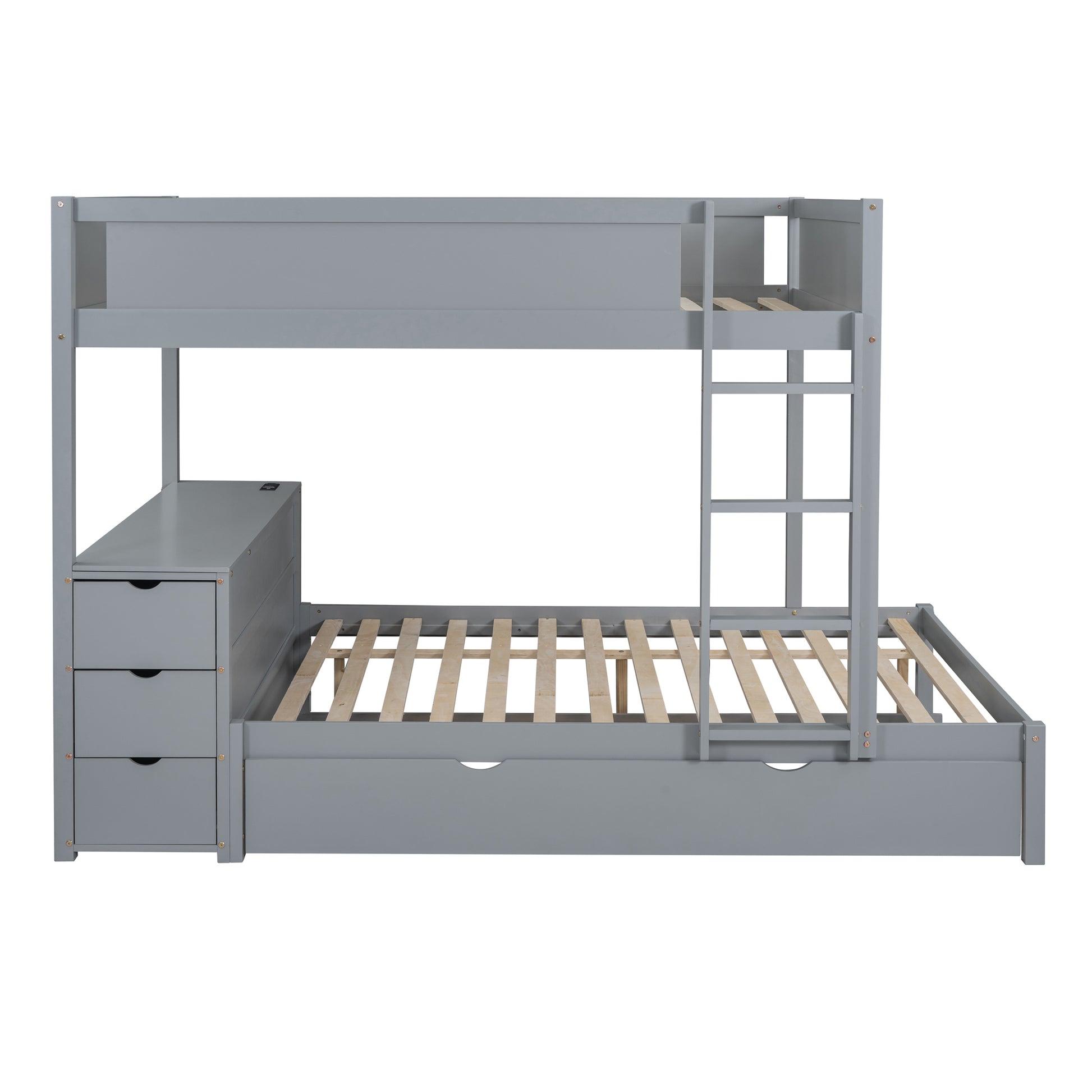 Full Over Full Bunk Bed With Twin Size Trundle, Storage And Desk, Gray Gray Solid Wood