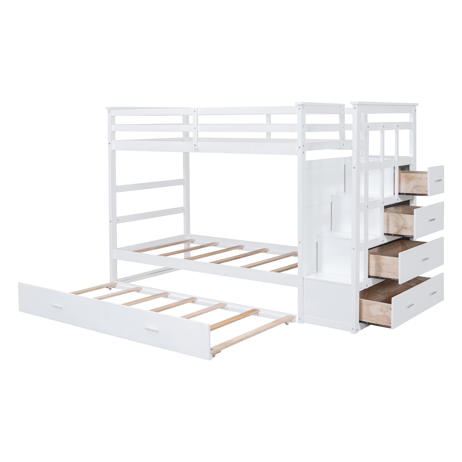 Twin Over Twin Bunk Bed With Trundle And Staircase,White Old Sku:Lt000068Aak White Solid Wood