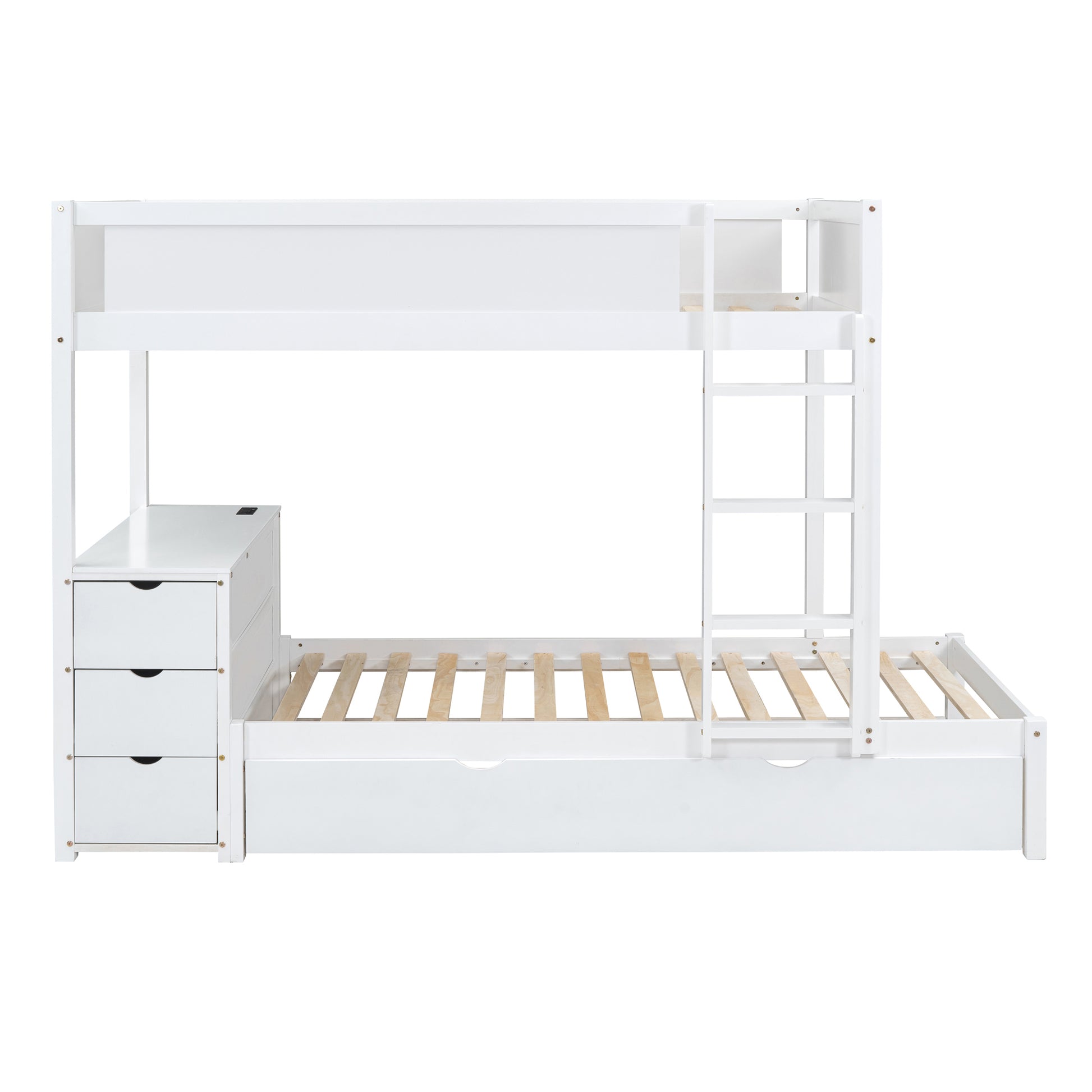 Twin Over Twin Bunk Bed With Twin Size Trundle, Storage And Desk, White White Solid Wood