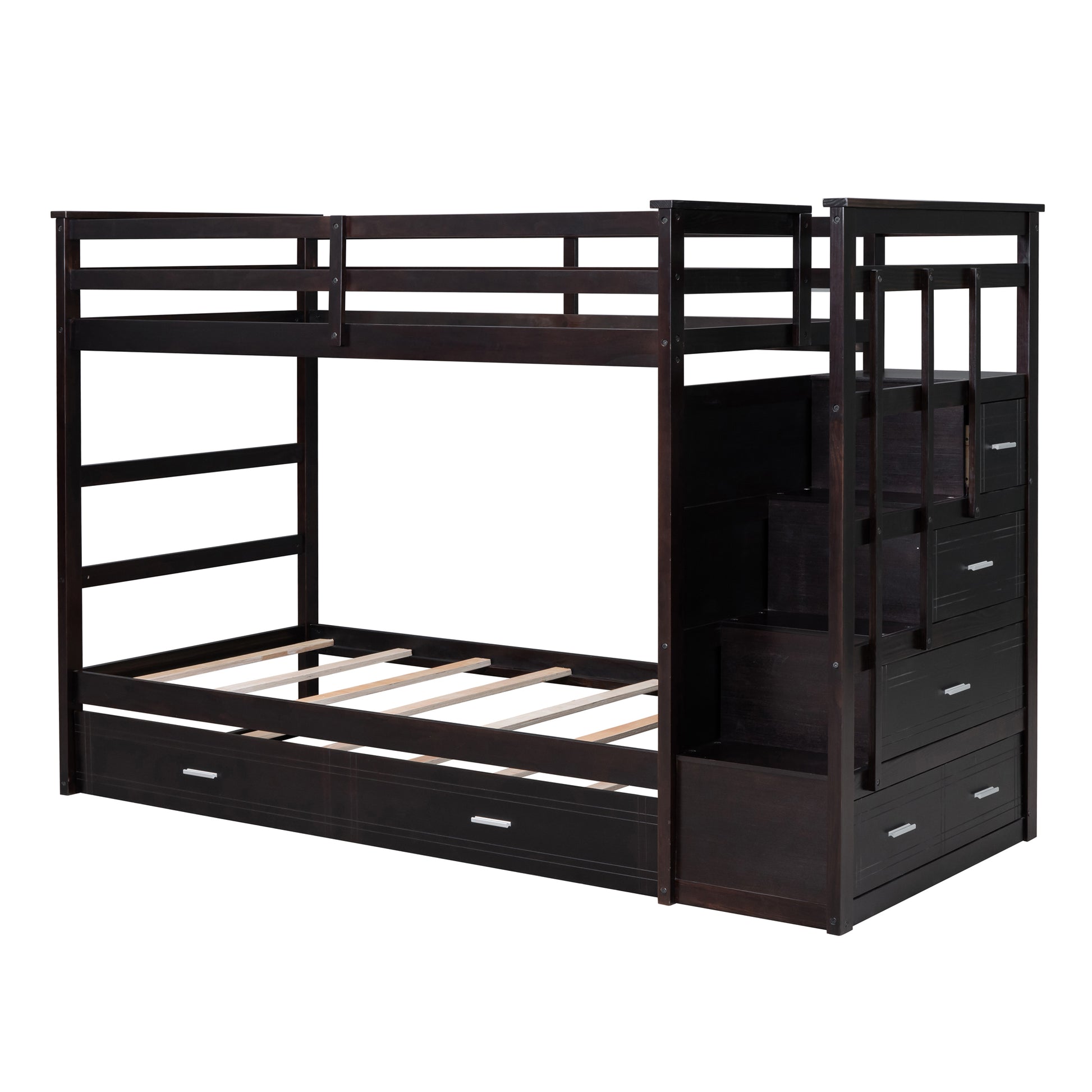 Twin Over Twin Bunk Bed With Trundle And Staircase,Espresso Old Sku:Lt000068Aap Espresso Solid Wood