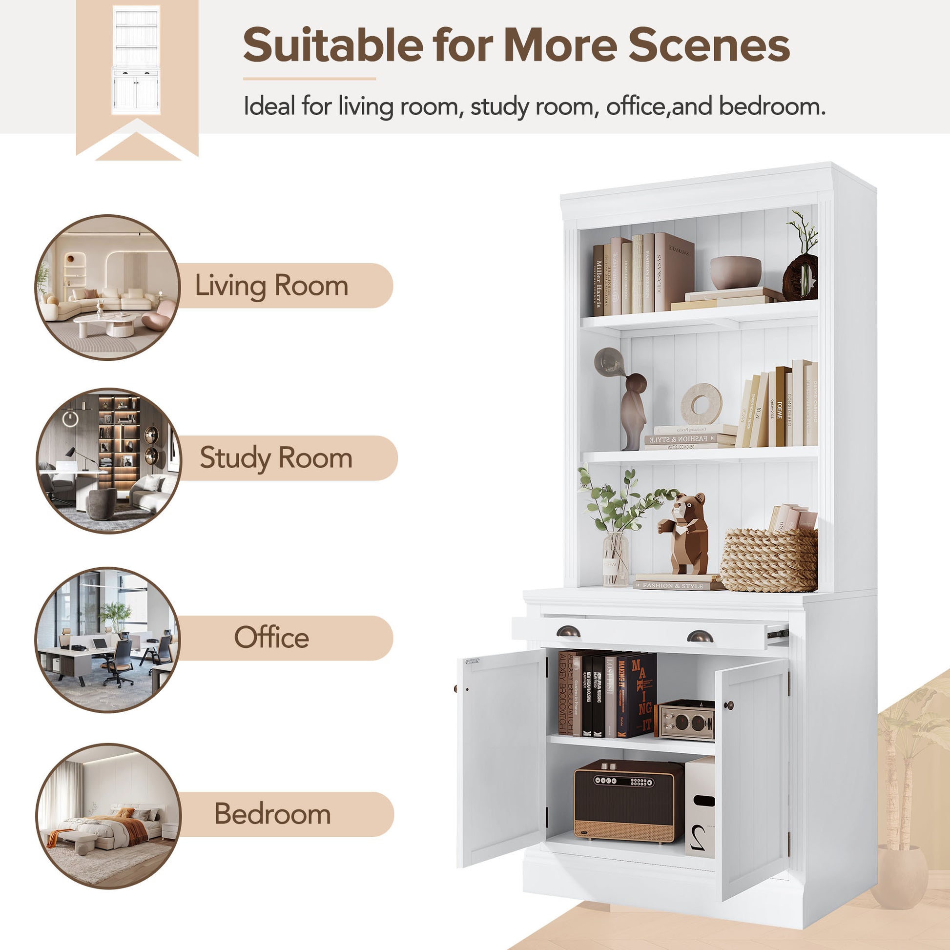 83.4"Tall 2 Bookshelf & 1 Writting Desk Suite,Modern Bookcase Suite With Led Lighting, Drawers,Doors,Study Desk And Open Shelves,3 Piece Set Storage Bookshelf For Living Room,Home Office,White White Solid Wood Mdf