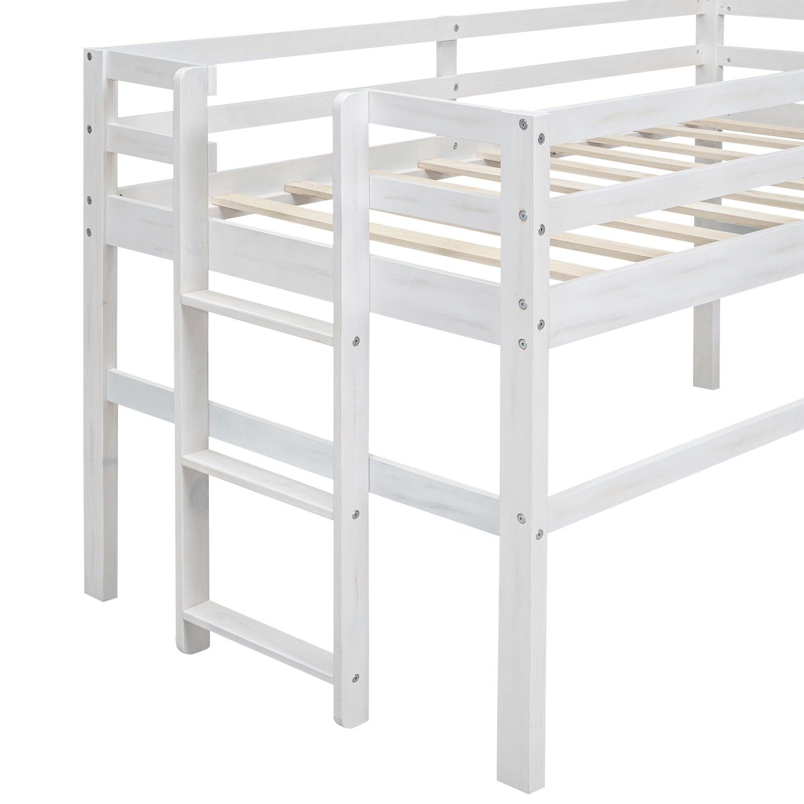 Wood Twin Size Loft Bed With Side Ladder, Antique White Box Spring Not Required Twin Antique White Wood Bedroom Solid Wood Mdf