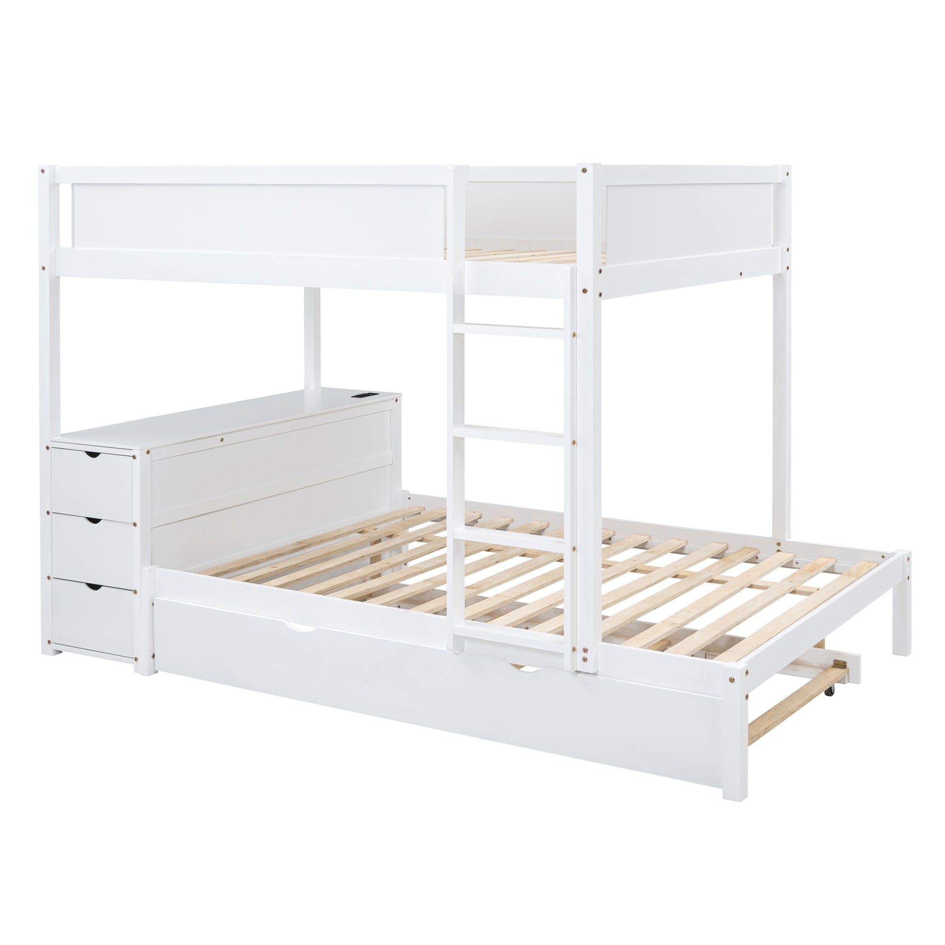 Full Over Full Bunk Bed With Twin Size Trundle, Storage And Desk, White White Solid Wood