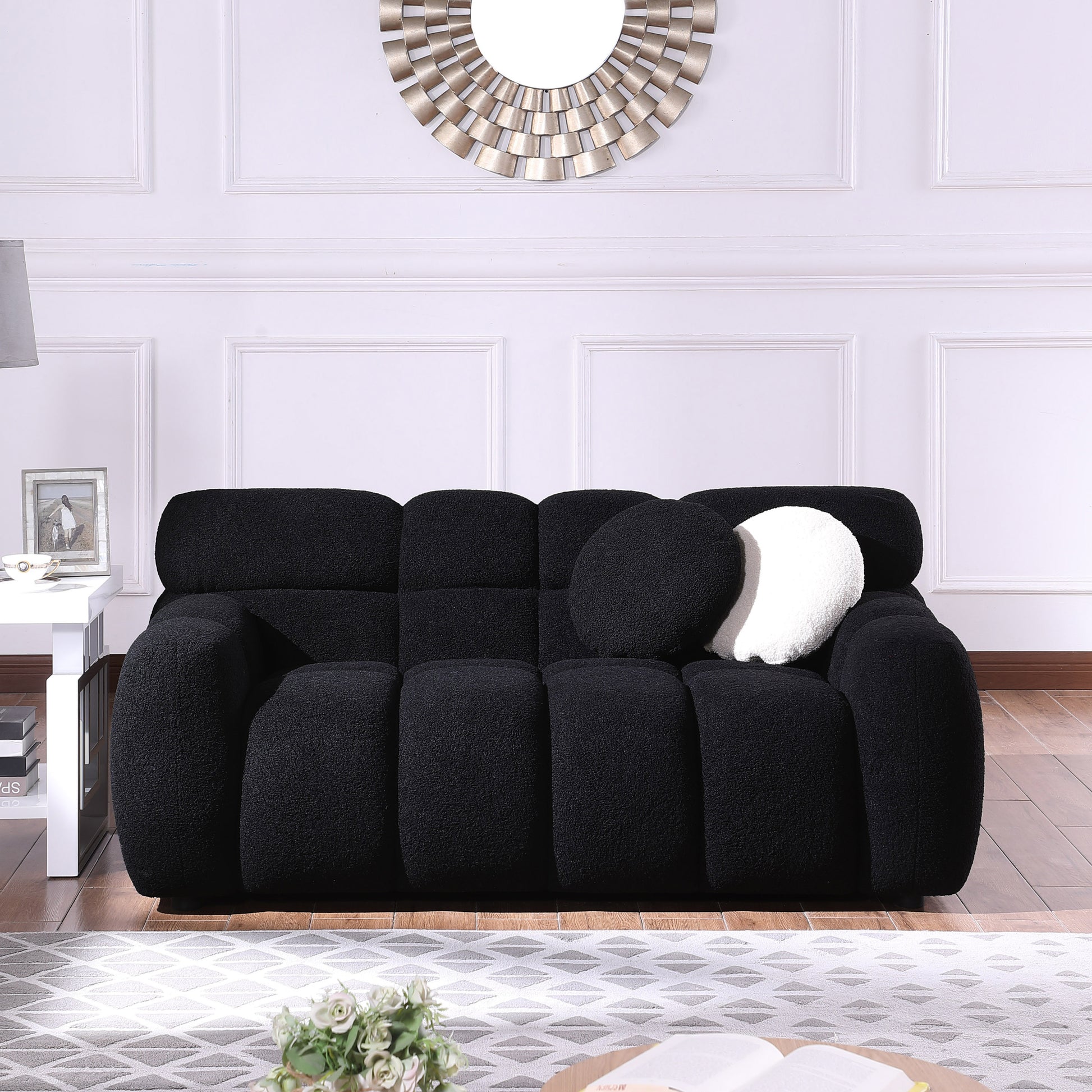 Sofa And Seater ,Human Body Structure For Usa People, Marshmallow Sofa,Boucle Sofa ,Black Boucle Black Light Brown Wood Primary Living Space Medium Soft Split Back Eucalyptus Rolled Arms Boucle 5 Seat