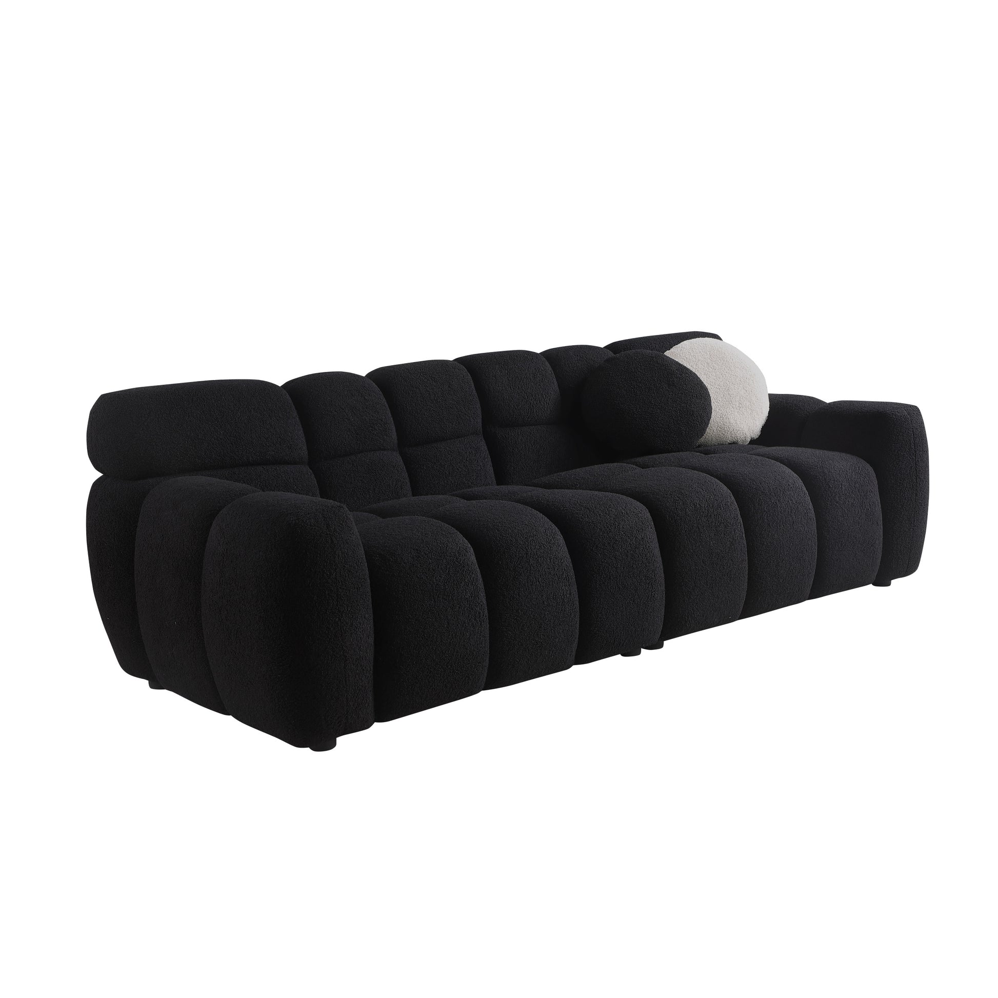 87.4 Length ,35.83" Deepth ,Human Body Structure For Usa People, Marshmallow Sofa,Boucle Sofa ,3 Seater, Black Boucle Black Light Brown Wood Primary Living Space Medium Soft Split Back Eucalyptus Rolled Arms Boucle 3 Seat