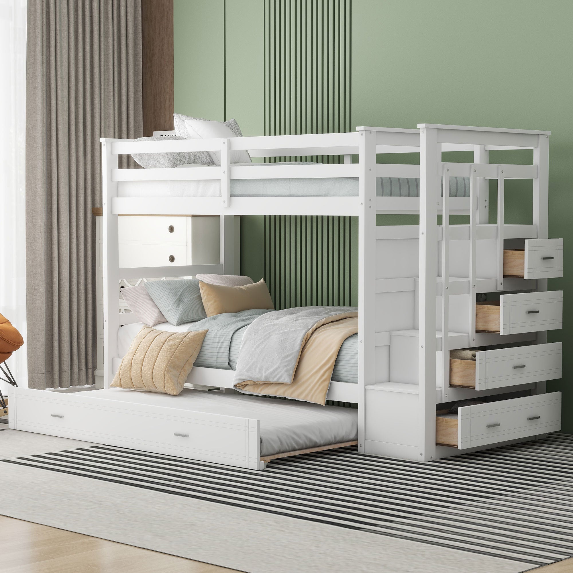 Twin Over Twin Bunk Bed With Trundle And Staircase,White Old Sku:Lt000068Aak White Solid Wood