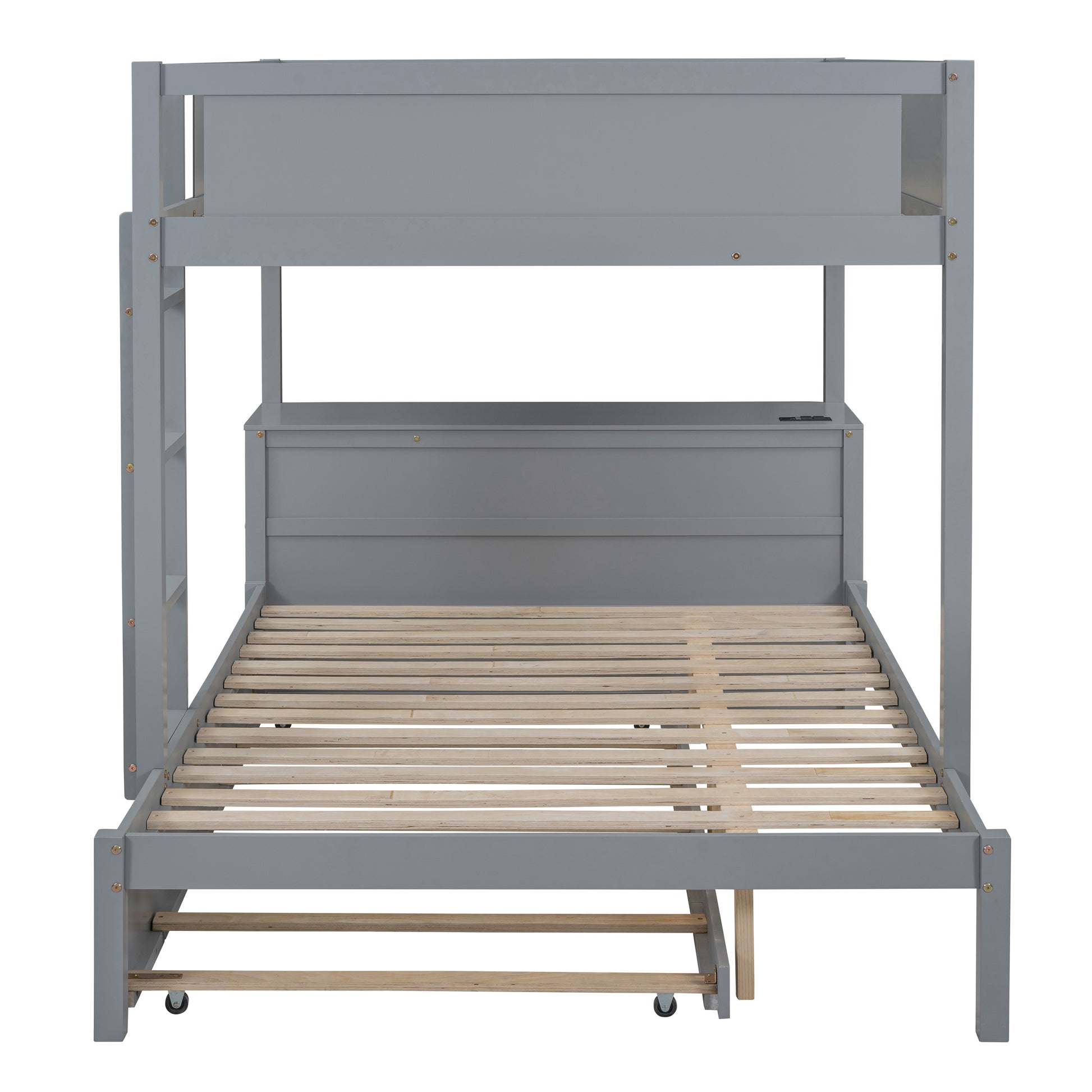 Full Over Full Bunk Bed With Twin Size Trundle, Storage And Desk, Gray Gray Solid Wood