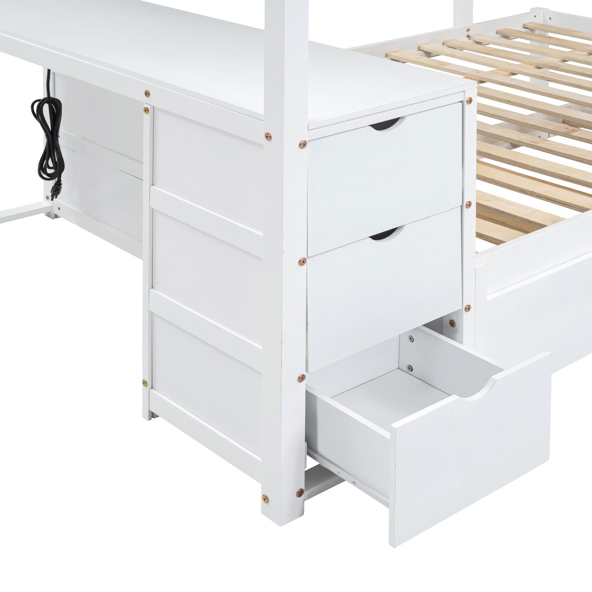 Full Over Full Bunk Bed With Twin Size Trundle, Storage And Desk, White White Solid Wood