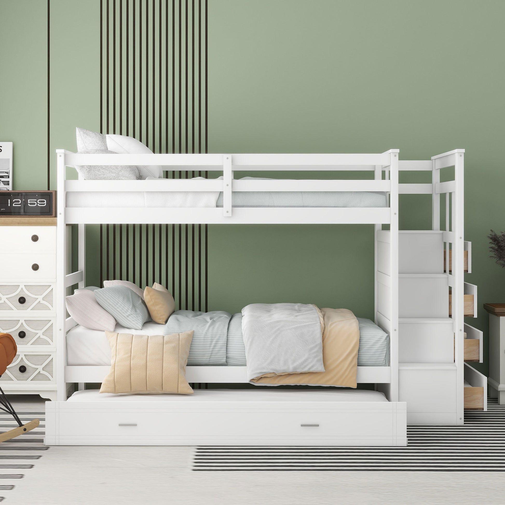 Twin Over Twin Bunk Bed With Trundle And Staircase,White Old Sku:Lt000068Aak White Solid Wood