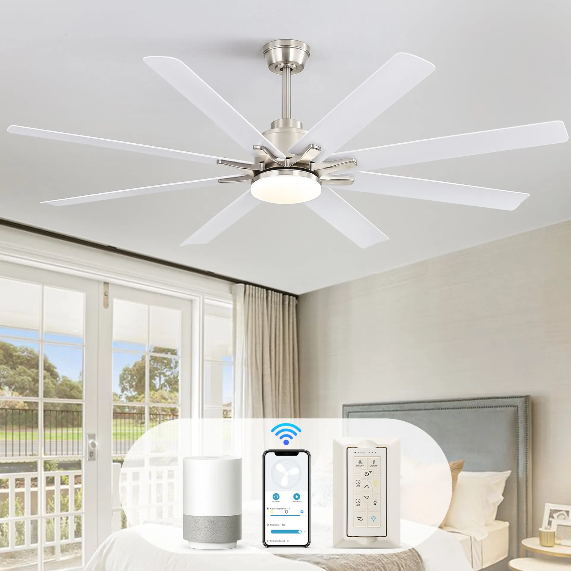 66 Inch Low Profile Ceiling Fan With Dimmable Lights And Smart Remote Control 6 Speed Reversible Noiseless Dc Motor For Indoor Brushed Nickel Abs