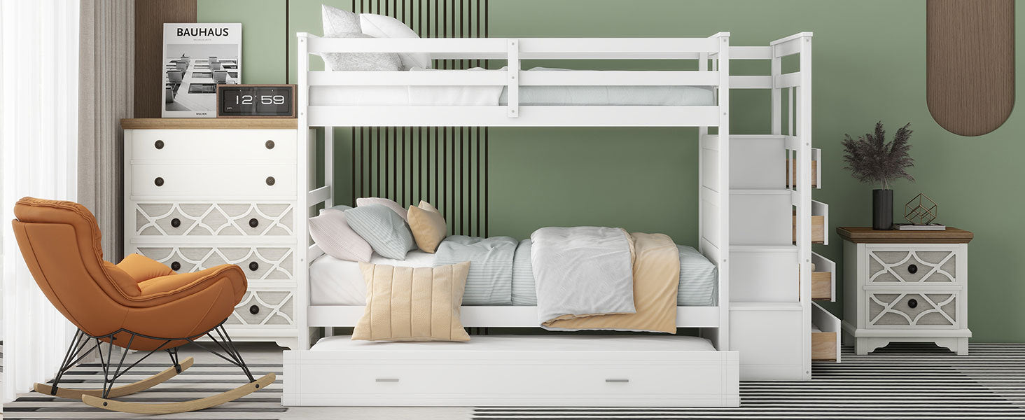 Twin Over Twin Bunk Bed With Trundle And Staircase,White Old Sku:Lt000068Aak White Solid Wood