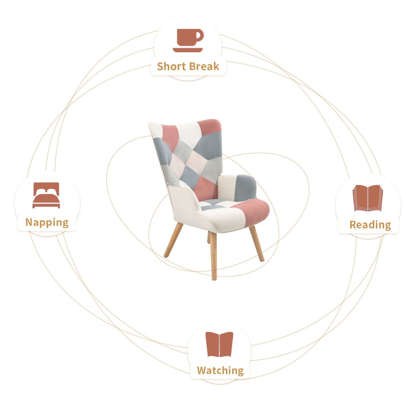 Accent Chair With Ottoman, Living Room Chair And Ottoman Set, Comfy Side Armchair For Bedroom, Creative Splicing Cloth Surface Pink Solid Wood