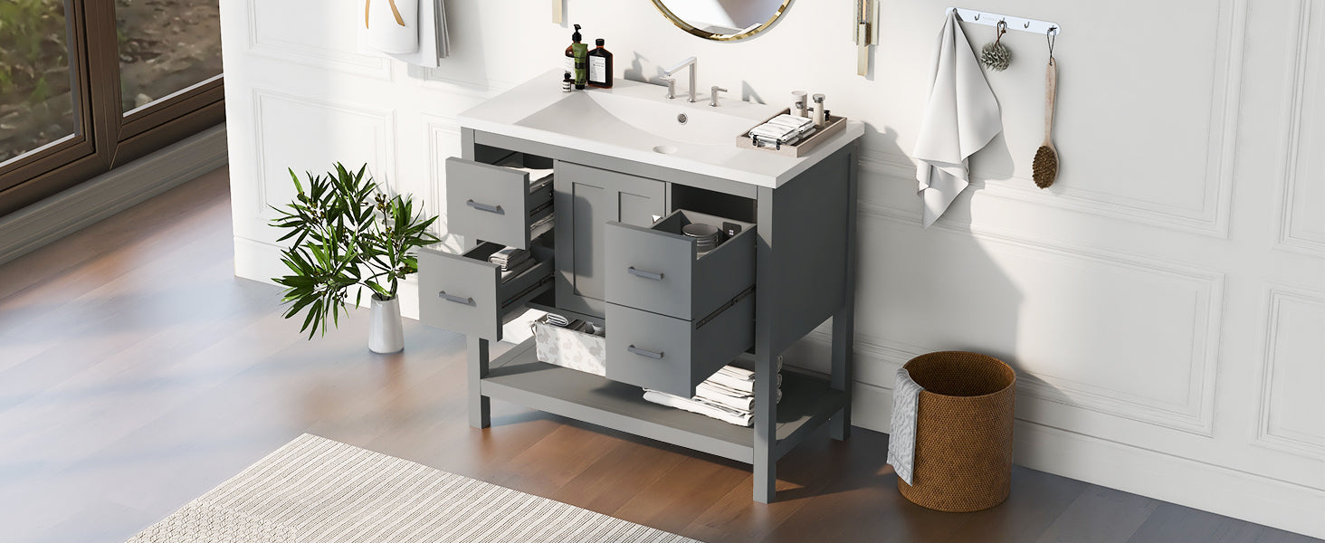 36" Gray Modern Bathroom Vanity With Usb,Two Shallow Drawers, One Deep Drawer,One Door,Single Resin Sink,Small Bathroom Organization Cabinet Gray Solid Wood Mdf Resin