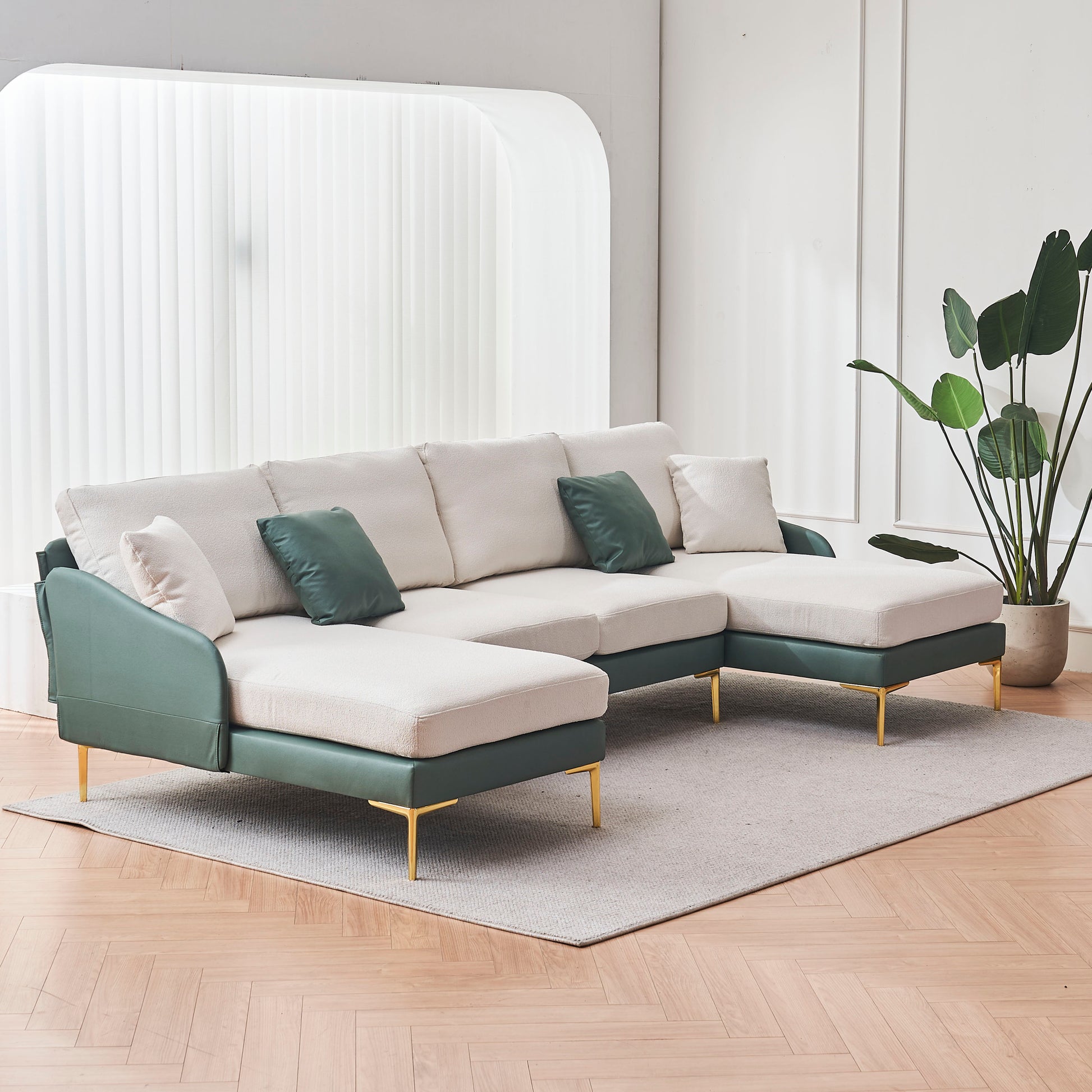 Modern Large Area Linen Leathaire Fabric Color Matching Segmented Sofa, Ultra Wide Lounge Chair, Golden Legs, U Shaped, Cyan White Cyan Primary Living Space Wood