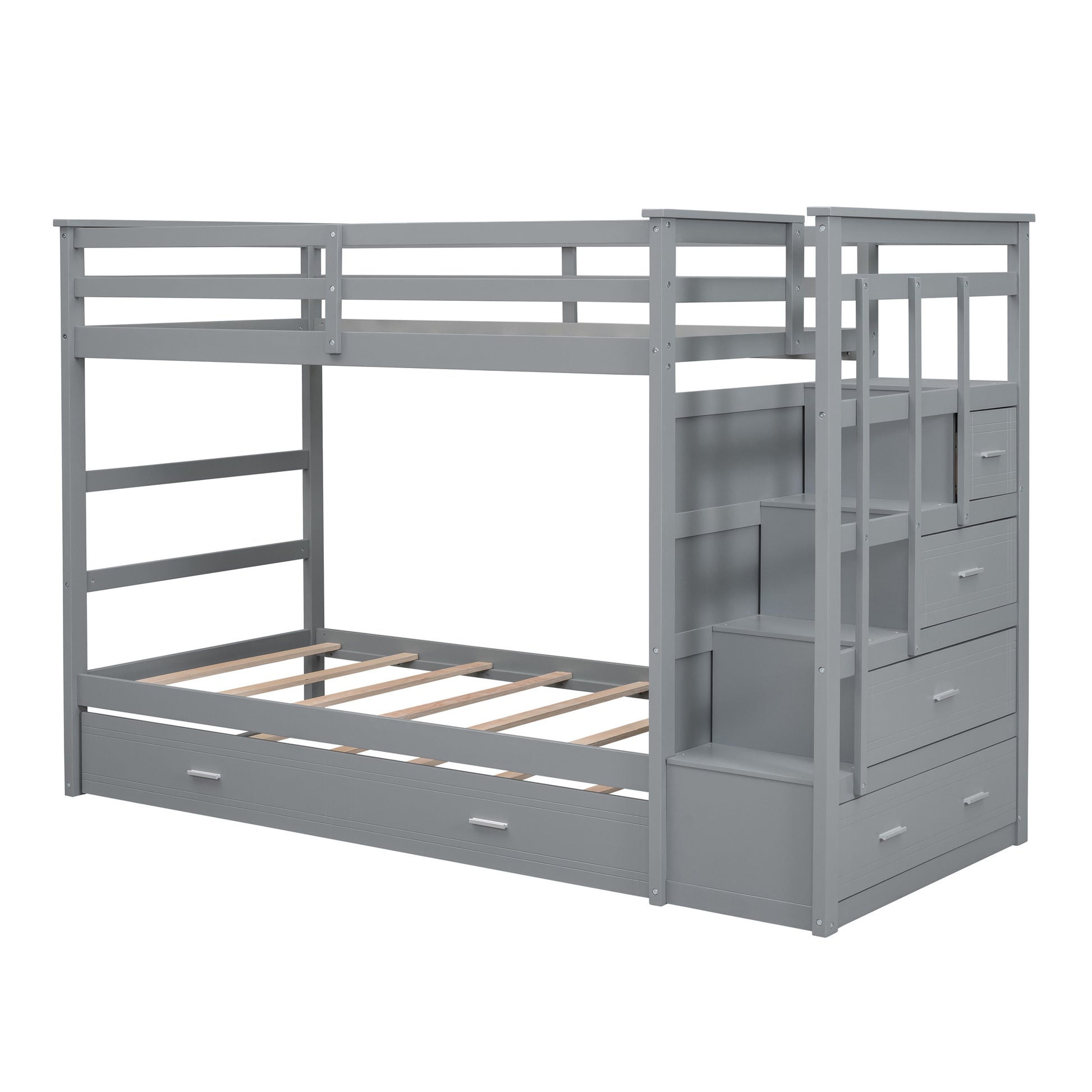 Twin Over Twin Bunk Bed With Trundle And Staircase,Gray Old Sku:Lt000068Aae Gray Solid Wood