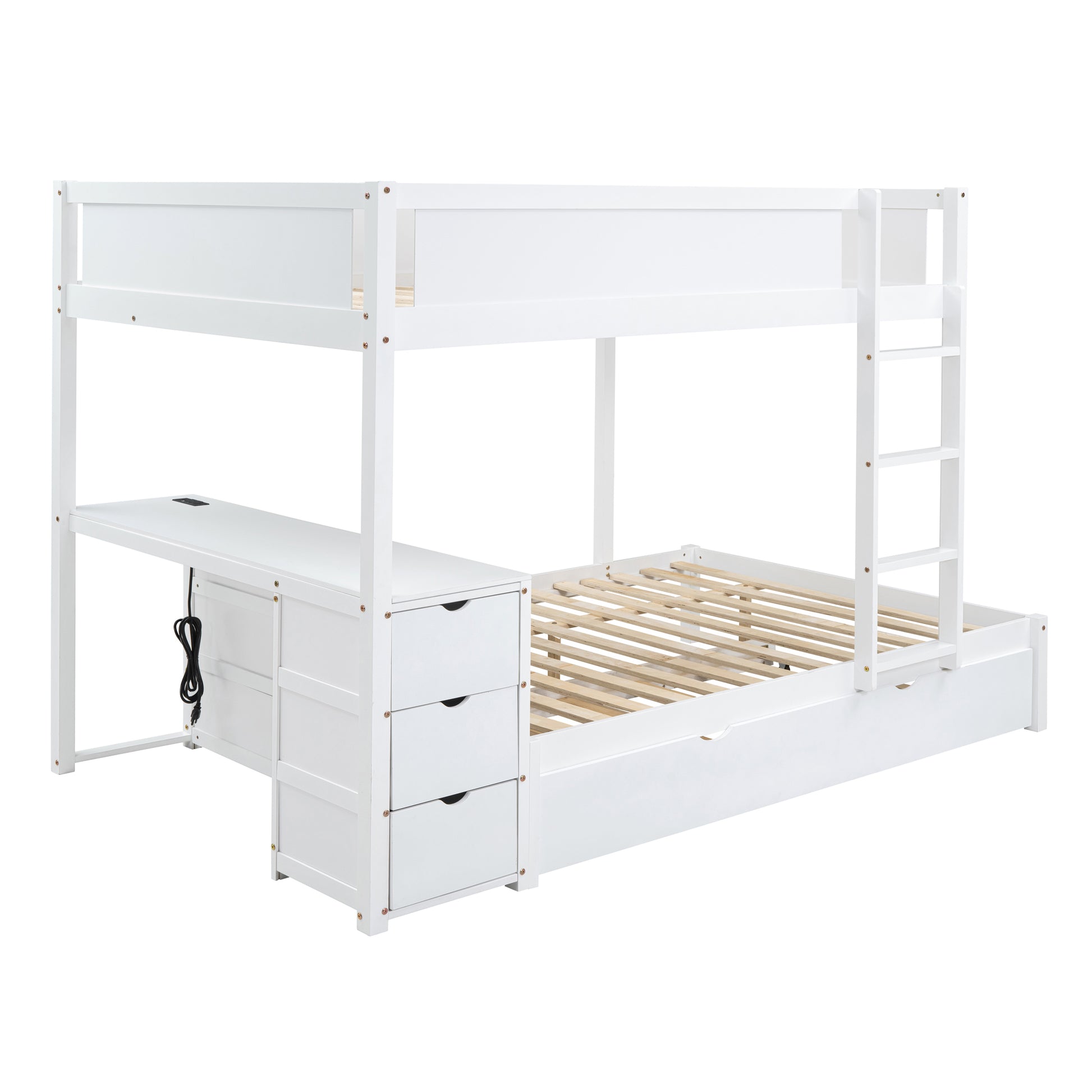 Full Over Full Bunk Bed With Twin Size Trundle, Storage And Desk, White White Solid Wood