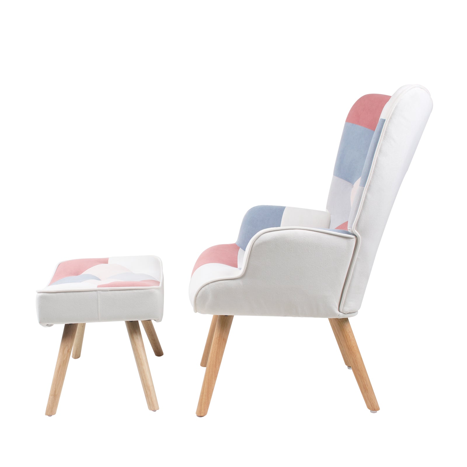 Accent Chair With Ottoman, Living Room Chair And Ottoman Set, Comfy Side Armchair For Bedroom, Creative Splicing Cloth Surface Pink Solid Wood