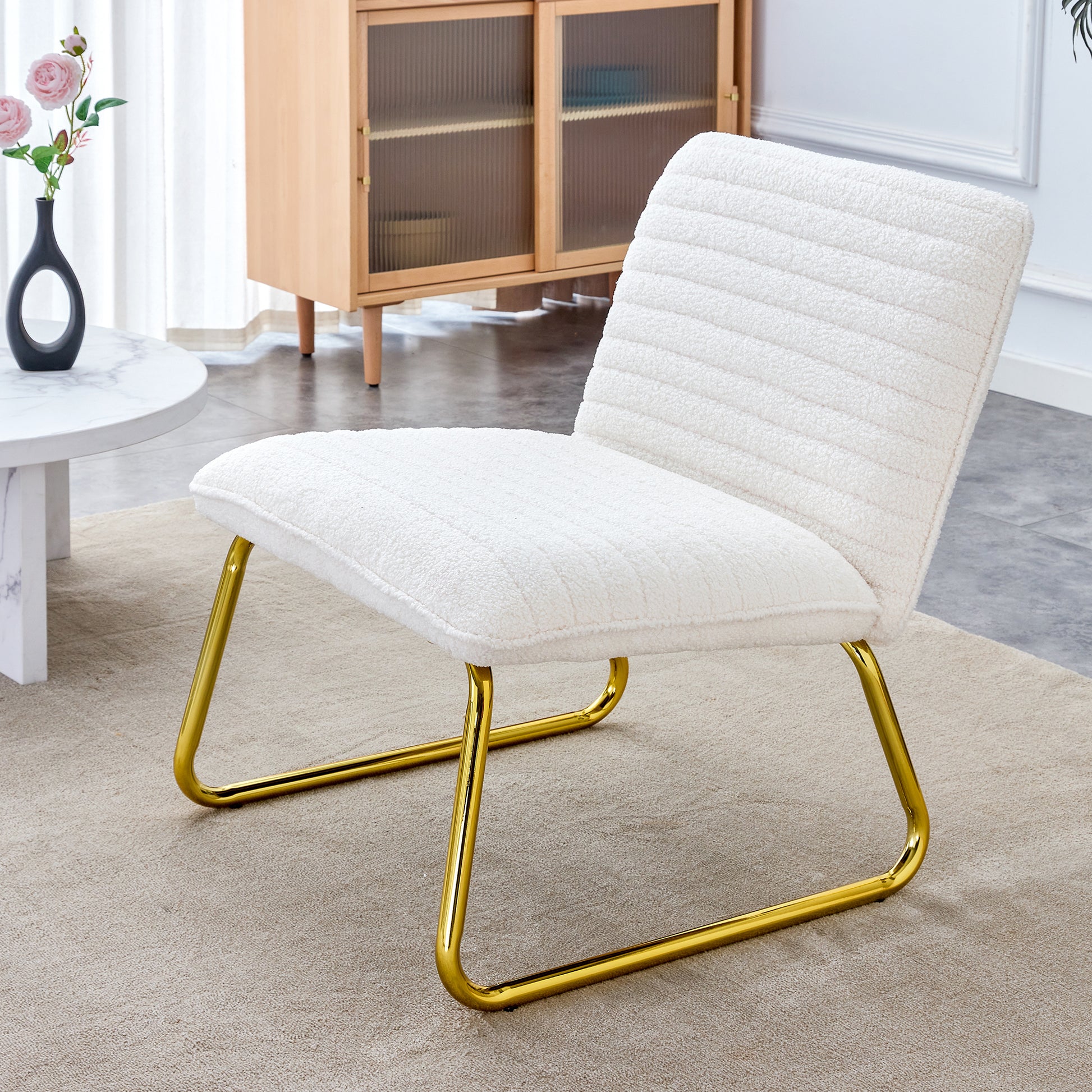 One White Minimalist Armless Sofa Chair With Plush Cushion And Backrest Paired With Golden Metal Legs, Suitable For Offices, Restaurants, Kitchens, Bedrooms White Metal