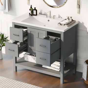 36" Gray Modern Bathroom Vanity With Usb,Two Shallow Drawers, One Deep Drawer,One Door,Single Resin Sink,Small Bathroom Organization Cabinet Gray Solid Wood Mdf Resin