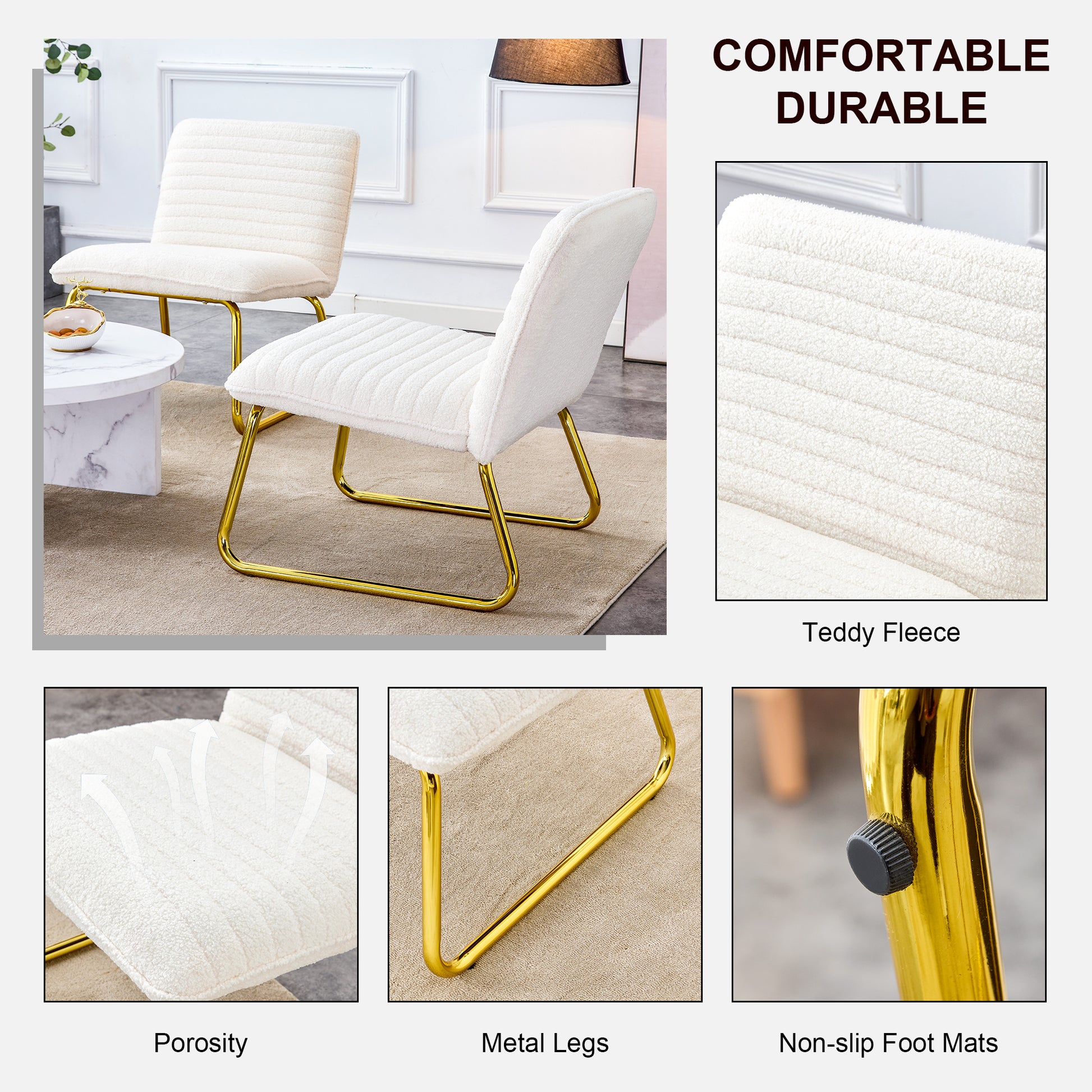 One White Minimalist Armless Sofa Chair With Plush Cushion And Backrest Paired With Golden Metal Legs, Suitable For Offices, Restaurants, Kitchens, Bedrooms White Metal