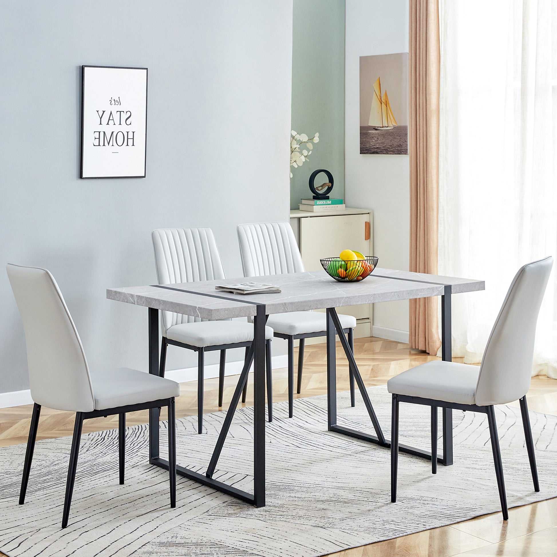 5 Piece Dining Table Chairs Set, Rectangular Dining Room Table Set For 4, Modern Dining Table And Faux Leather Chairs For Kitchen Dining Room, Small Space, Gray Metal Grey Metal Rectangular Mdf