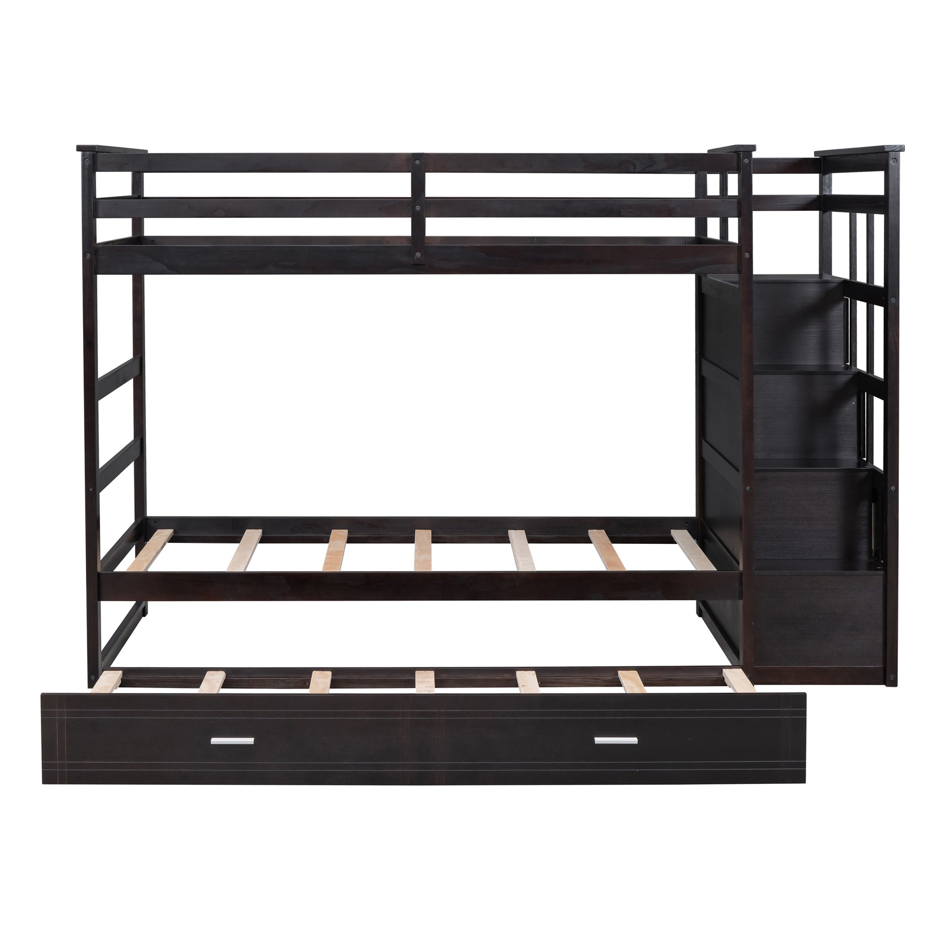 Twin Over Twin Bunk Bed With Trundle And Staircase,Espresso Old Sku:Lt000068Aap Espresso Solid Wood