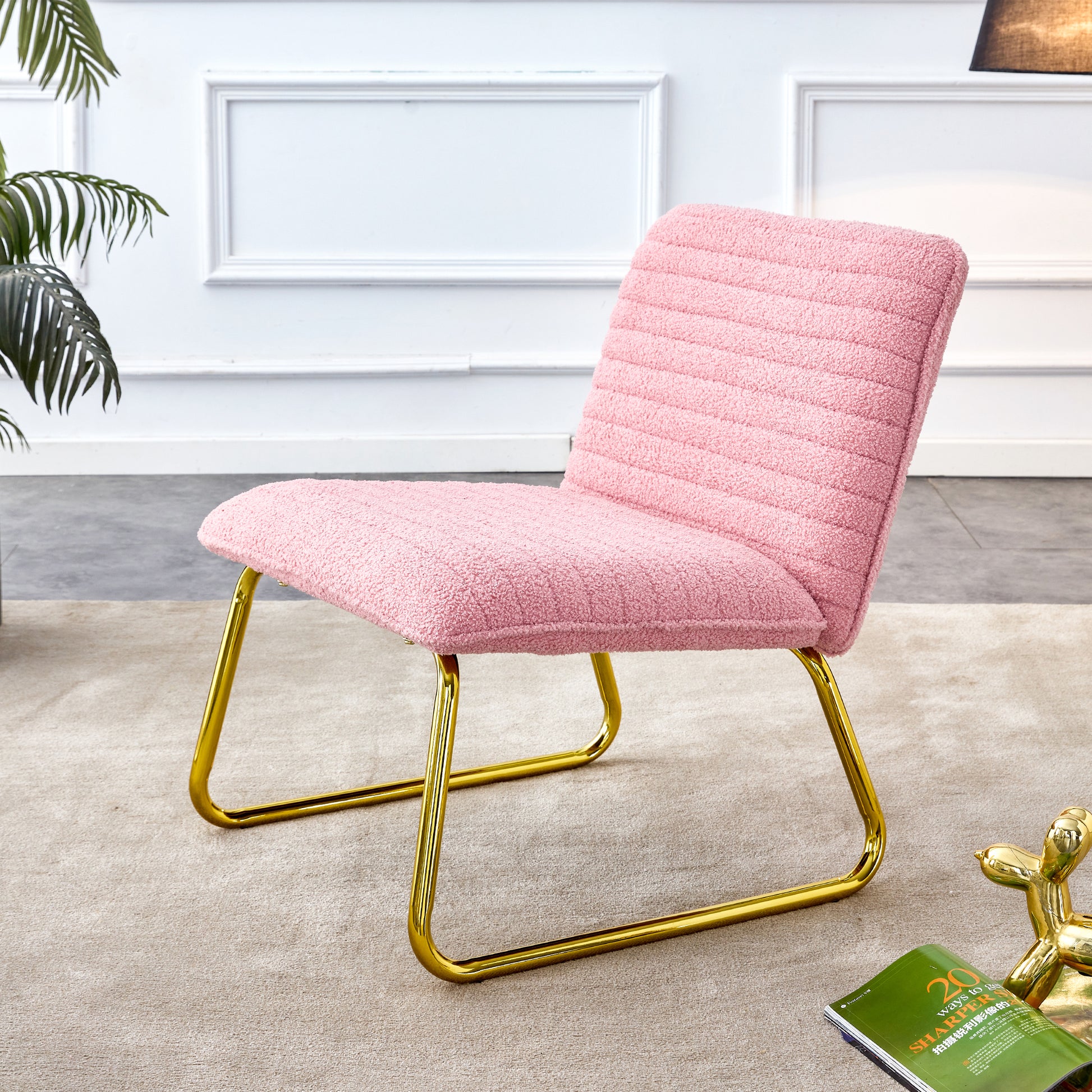 Modern Minimalist Pink Plush Fabric Single Person Sofa Chair With Golden Metal Legs. Suitable For Living Room, Bedroom, Club, Comfortable Cushioned Single Person Leisure Sofa Pink Plush