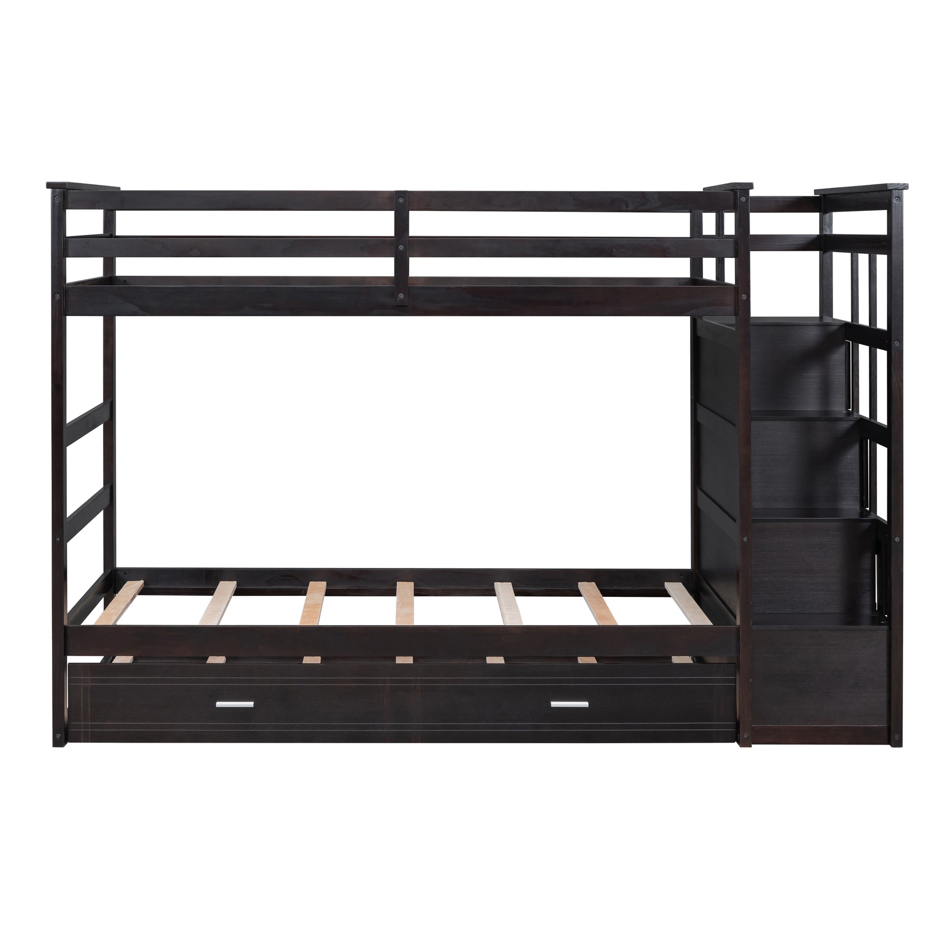 Twin Over Twin Bunk Bed With Trundle And Staircase,Espresso Old Sku:Lt000068Aap Espresso Solid Wood