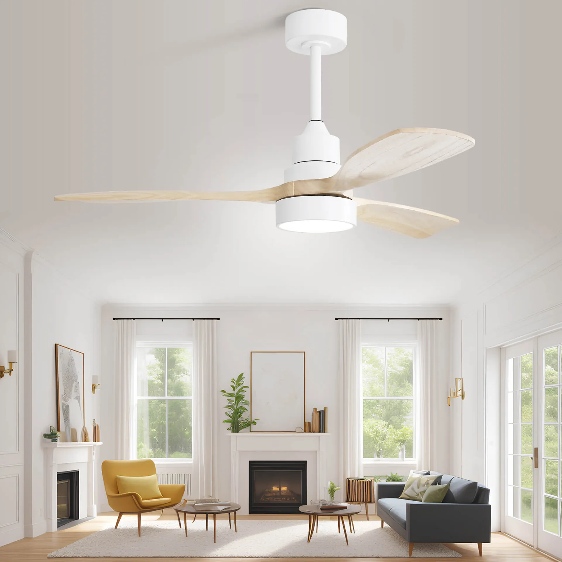 48 Inch Solid Wood Ceiling Fan With Dimmable Light 6 Speed Reversible Dc Motor White Metal & Wood