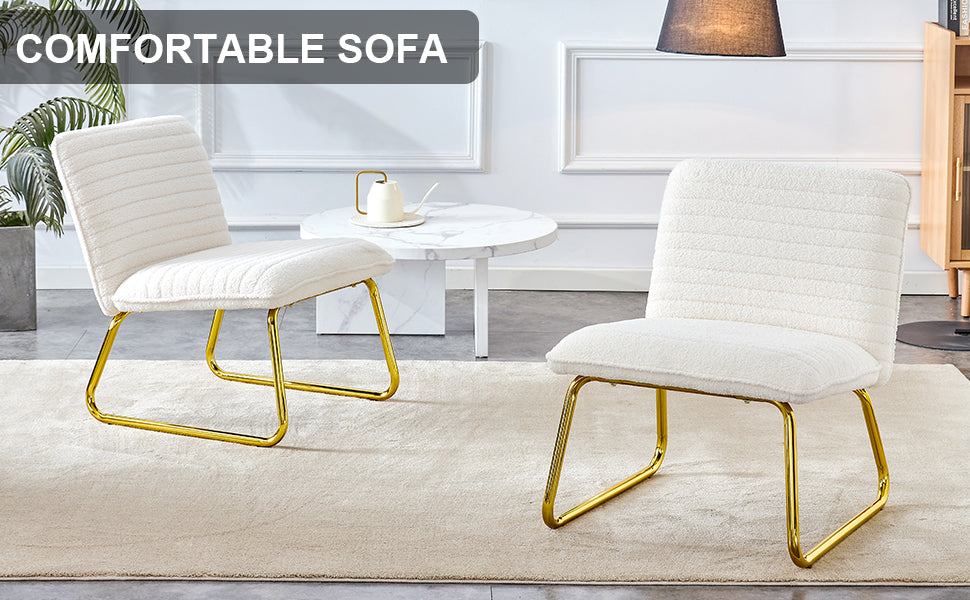 One White Minimalist Armless Sofa Chair With Plush Cushion And Backrest Paired With Golden Metal Legs, Suitable For Offices, Restaurants, Kitchens, Bedrooms White Metal