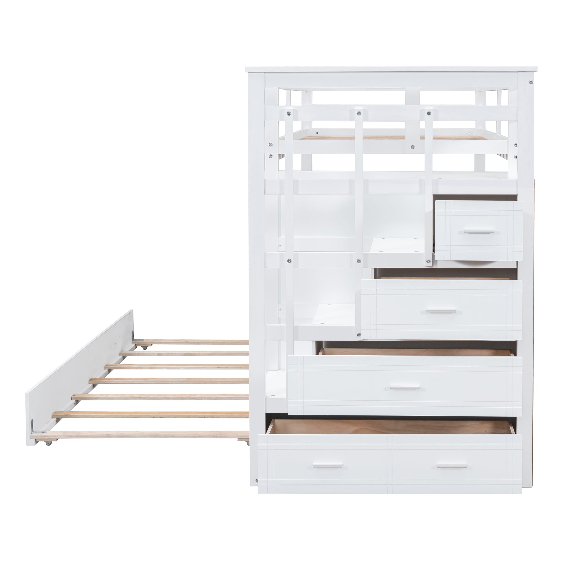 Twin Over Twin Bunk Bed With Trundle And Staircase,White Old Sku:Lt000068Aak White Solid Wood