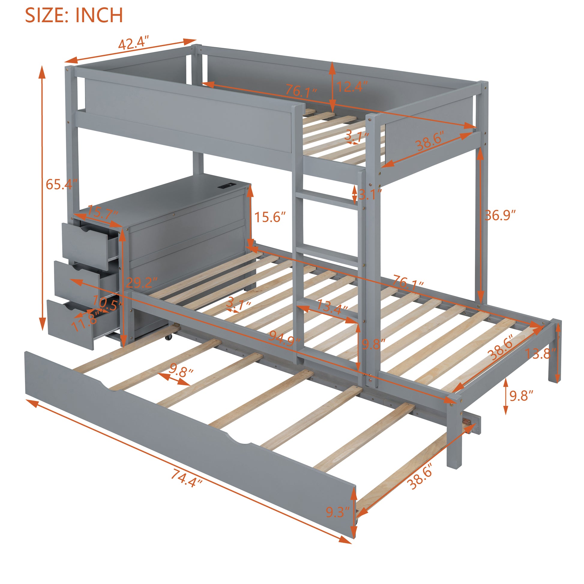 Twin Over Twin Bunk Bed With Twin Size Trundle, Storage And Desk, Gray Gray Solid Wood