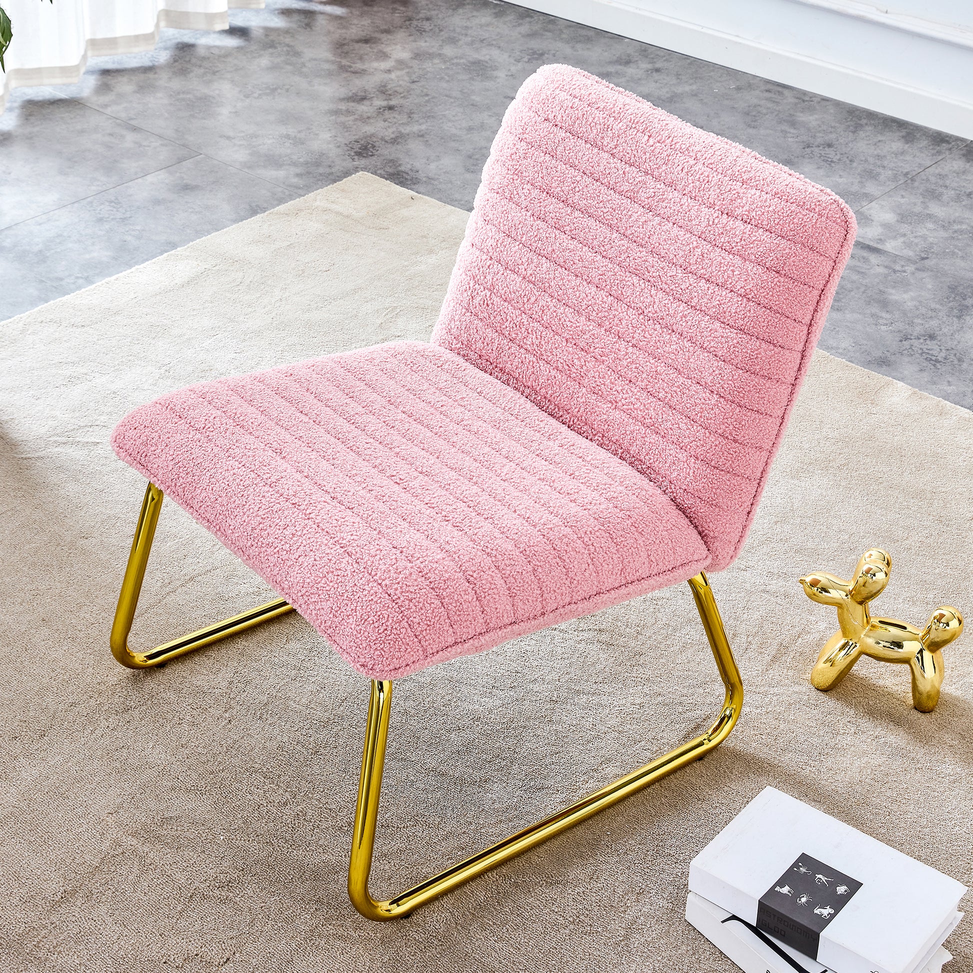 Modern Minimalist Pink Plush Fabric Single Person Sofa Chair With Golden Metal Legs. Suitable For Living Room, Bedroom, Club, Comfortable Cushioned Single Person Leisure Sofa Pink Plush