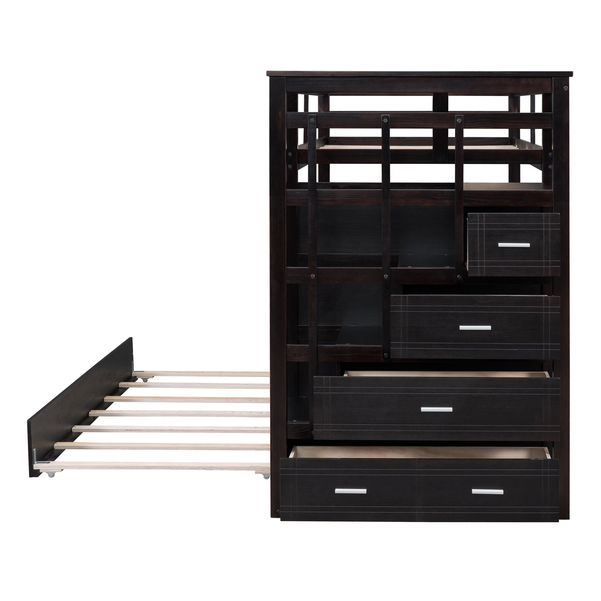 Twin Over Twin Bunk Bed With Trundle And Staircase,Espresso Old Sku:Lt000068Aap Espresso Solid Wood