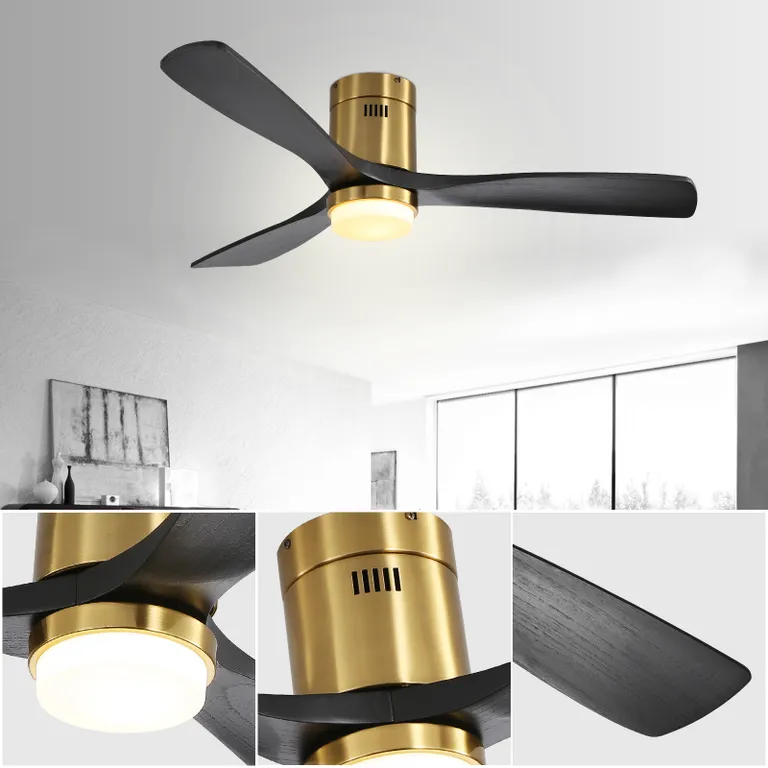 52 Inch Low Profile Ceiling Fan With Remote Control 3 Solid Wood Blades,52 Inches Suitable For Indoor And Outdoor Gold Metal & Wood