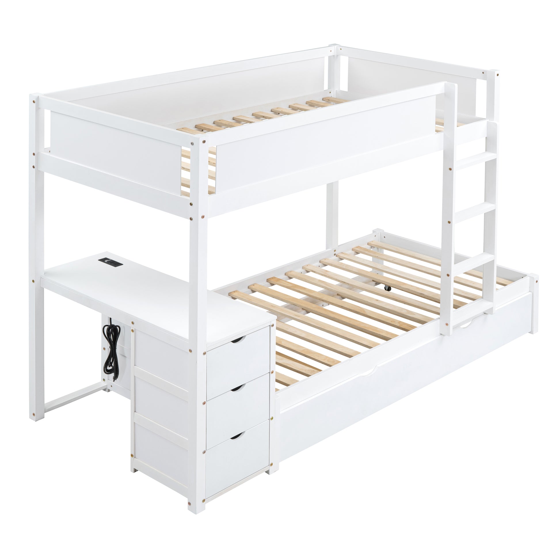 Twin Over Twin Bunk Bed With Twin Size Trundle, Storage And Desk, White White Solid Wood