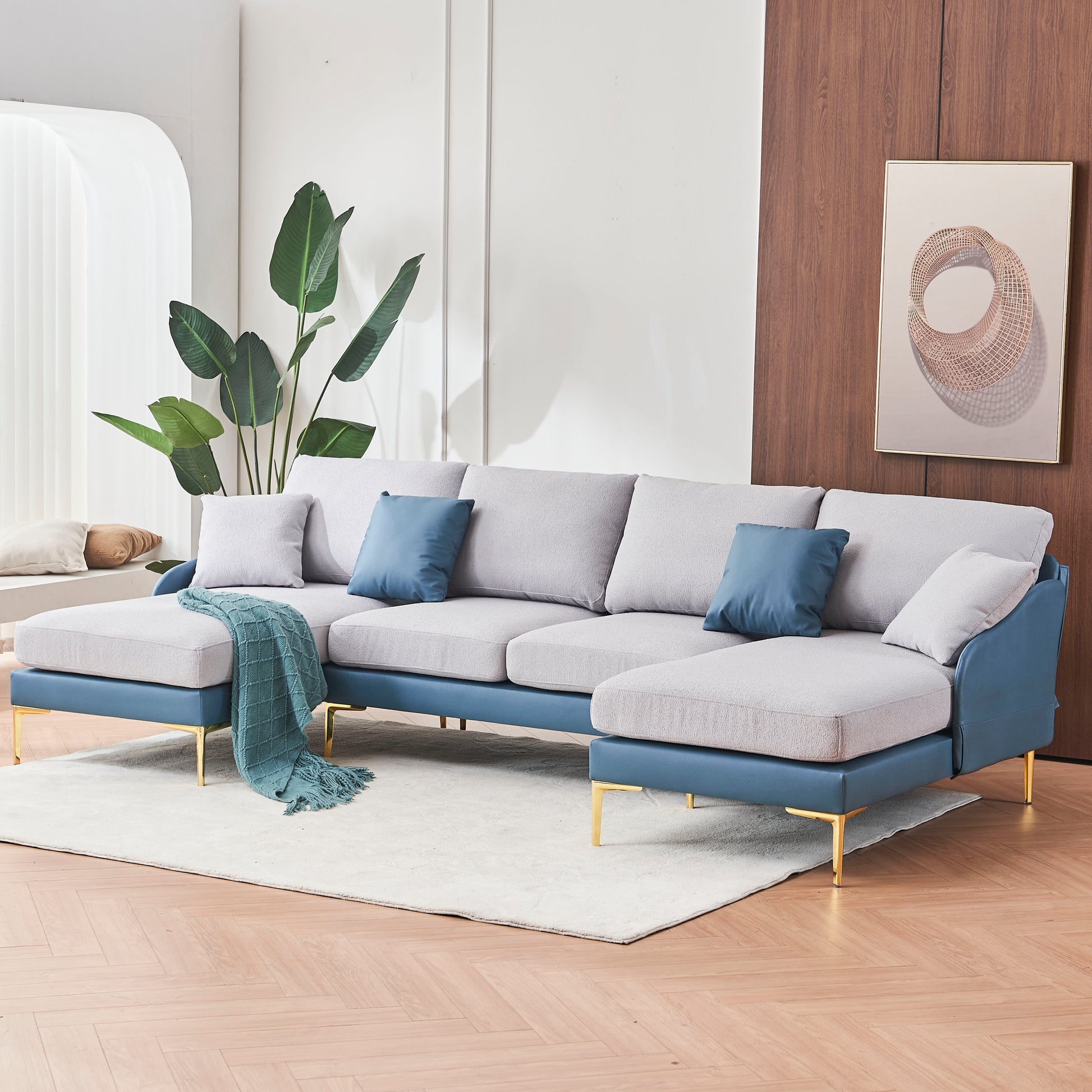 Modern Large Area Linen Leathaire Fabric Color Matching Segmented Sofa, Ultra Wide Lounge Chair, Golden Legs, U Shaped, Blue Light Gray Blue Grey Primary Living Space Wood