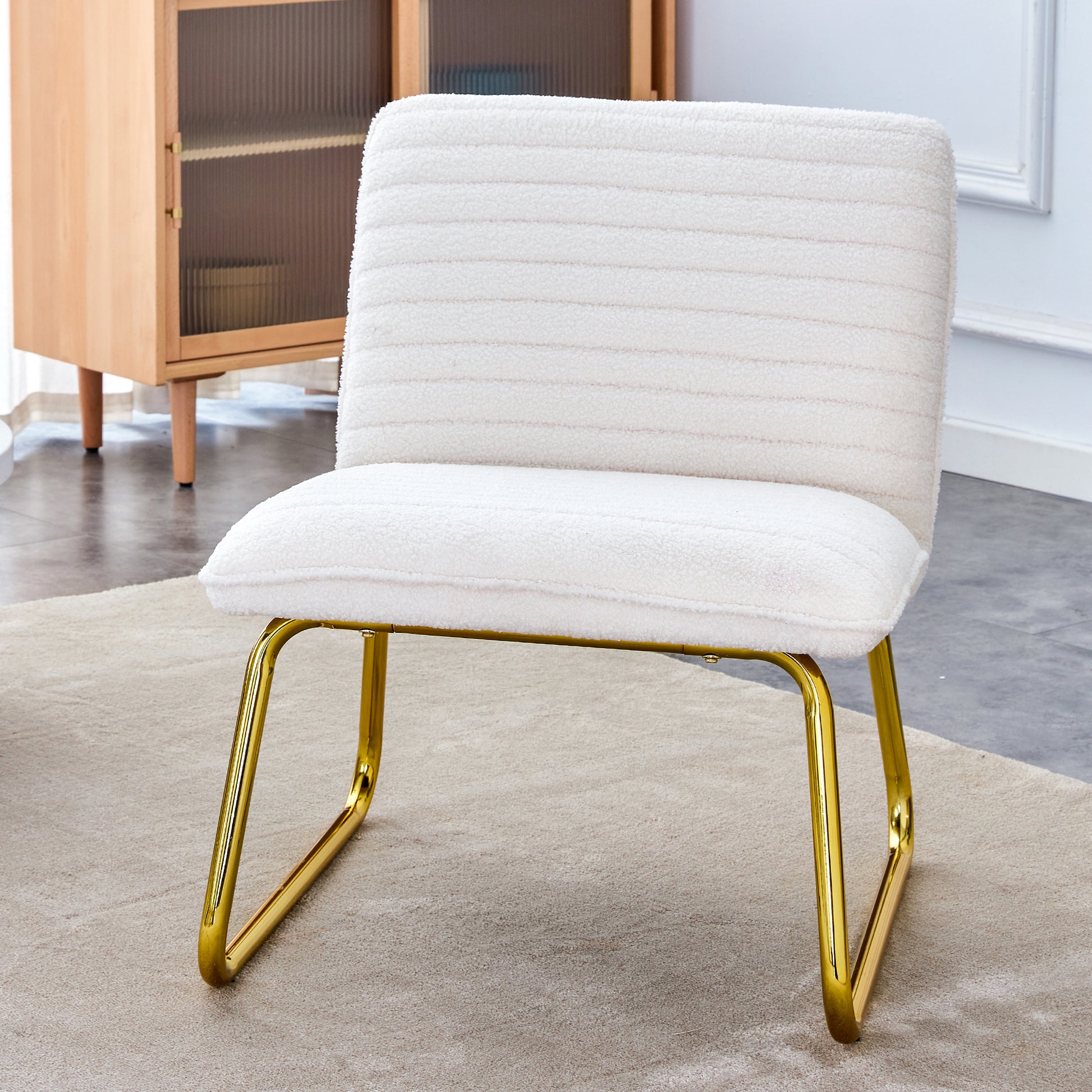 One White Minimalist Armless Sofa Chair With Plush Cushion And Backrest Paired With Golden Metal Legs, Suitable For Offices, Restaurants, Kitchens, Bedrooms White Metal