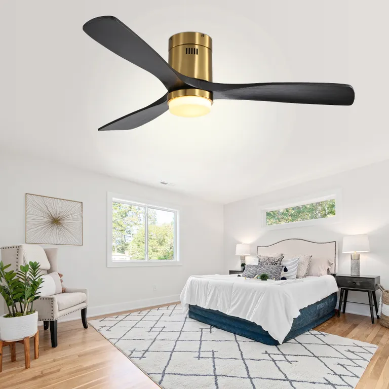 52 Inch Low Profile Ceiling Fan With Remote Control 3 Solid Wood Blades,52 Inches Suitable For Indoor And Outdoor Gold Metal & Wood