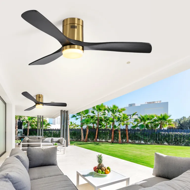 52 Inch Low Profile Ceiling Fan With Remote Control 3 Solid Wood Blades,52 Inches Suitable For Indoor And Outdoor Gold Metal & Wood