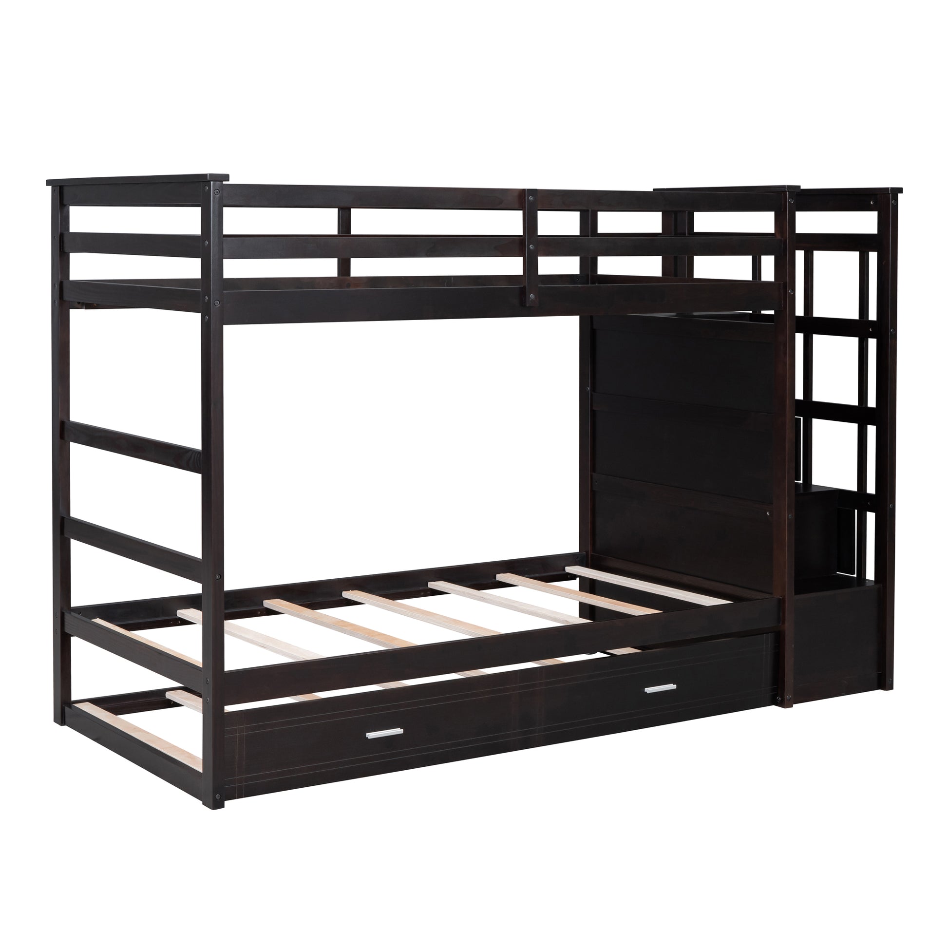 Twin Over Twin Bunk Bed With Trundle And Staircase,Espresso Old Sku:Lt000068Aap Espresso Solid Wood