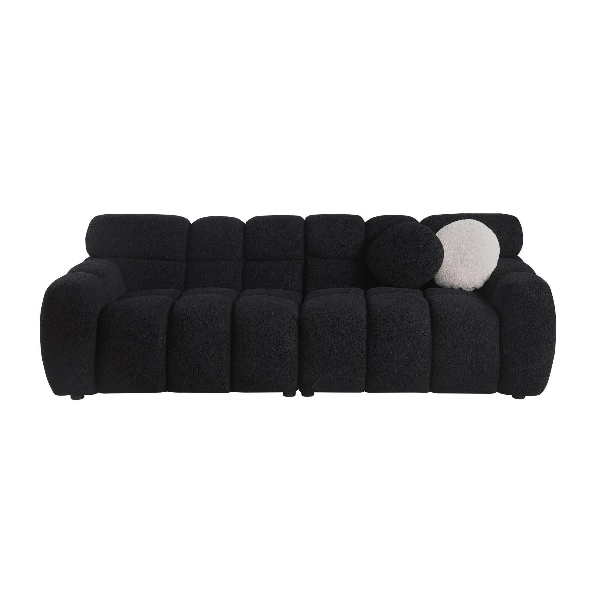 87.4 Length ,35.83" Deepth ,Human Body Structure For Usa People, Marshmallow Sofa,Boucle Sofa ,3 Seater, Black Boucle Black Light Brown Wood Primary Living Space Medium Soft Split Back Eucalyptus Rolled Arms Boucle 3 Seat