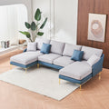 Modern Large Area Linen Leathaire Fabric Color Matching Segmented Sofa, Ultra Wide Lounge Chair, Golden Legs, U Shaped, Blue Light Gray Blue Grey Primary Living Space Wood