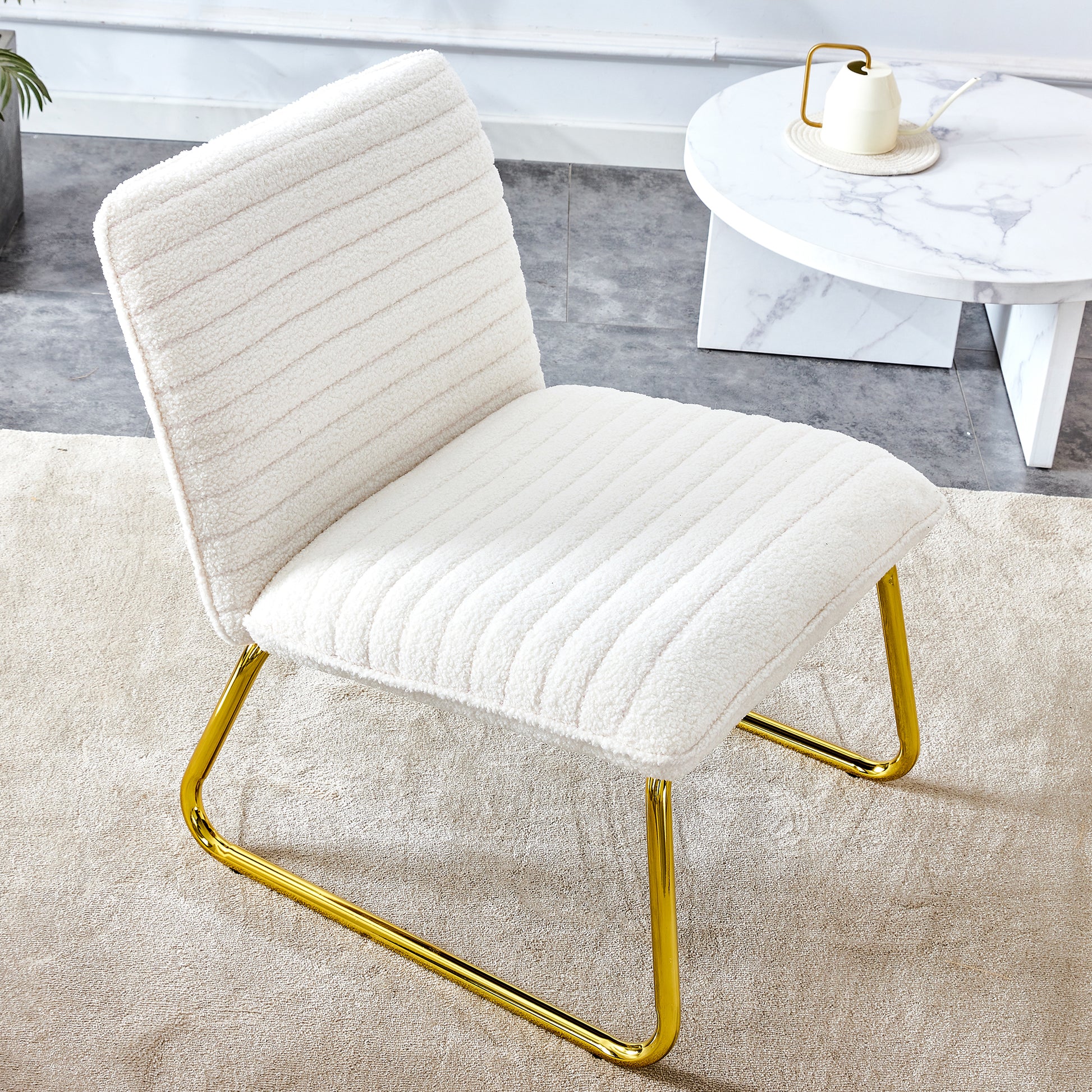 One White Minimalist Armless Sofa Chair With Plush Cushion And Backrest Paired With Golden Metal Legs, Suitable For Offices, Restaurants, Kitchens, Bedrooms White Metal